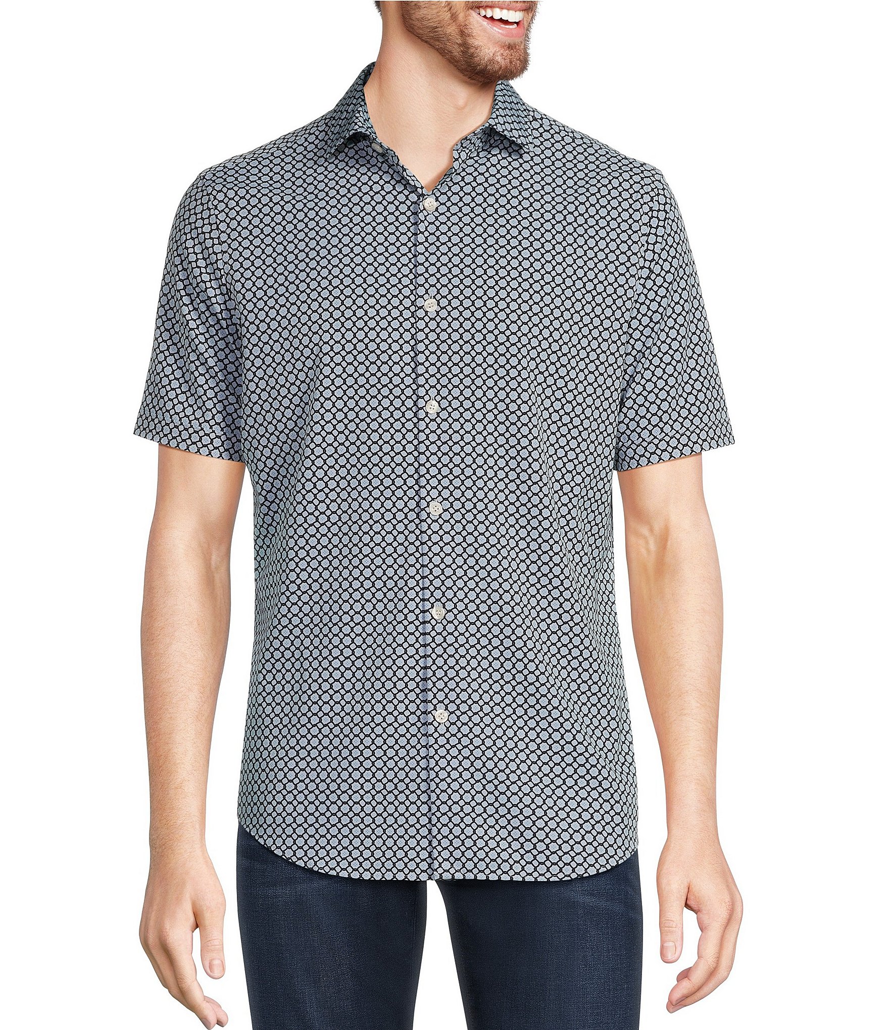 Murano Slim Fit Performance Stretch Lasso Print Short Sleeve Woven Shirt