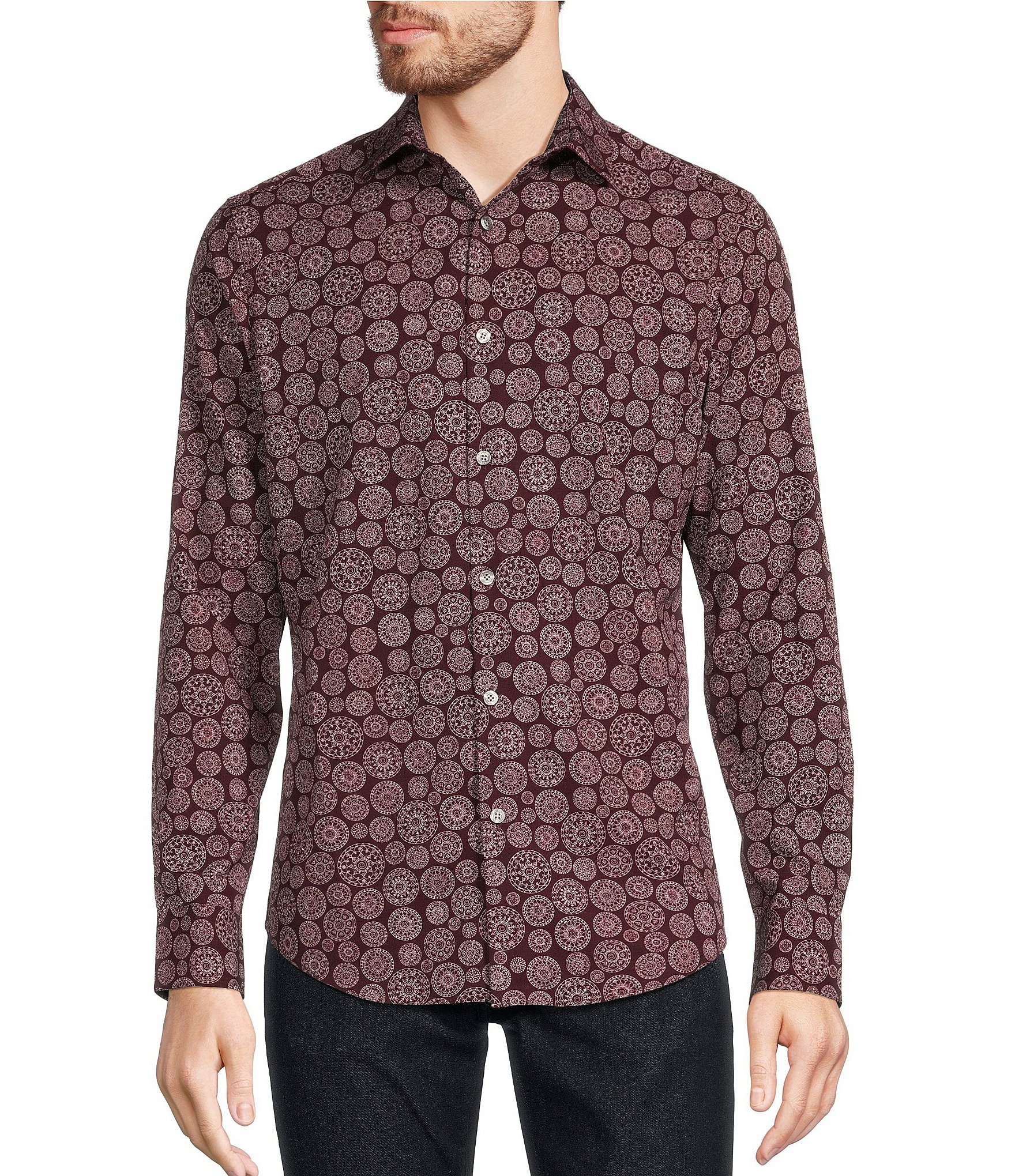 Murano Slim Fit Performance Stretch Medallion Print Long Sleeve Woven Shirt