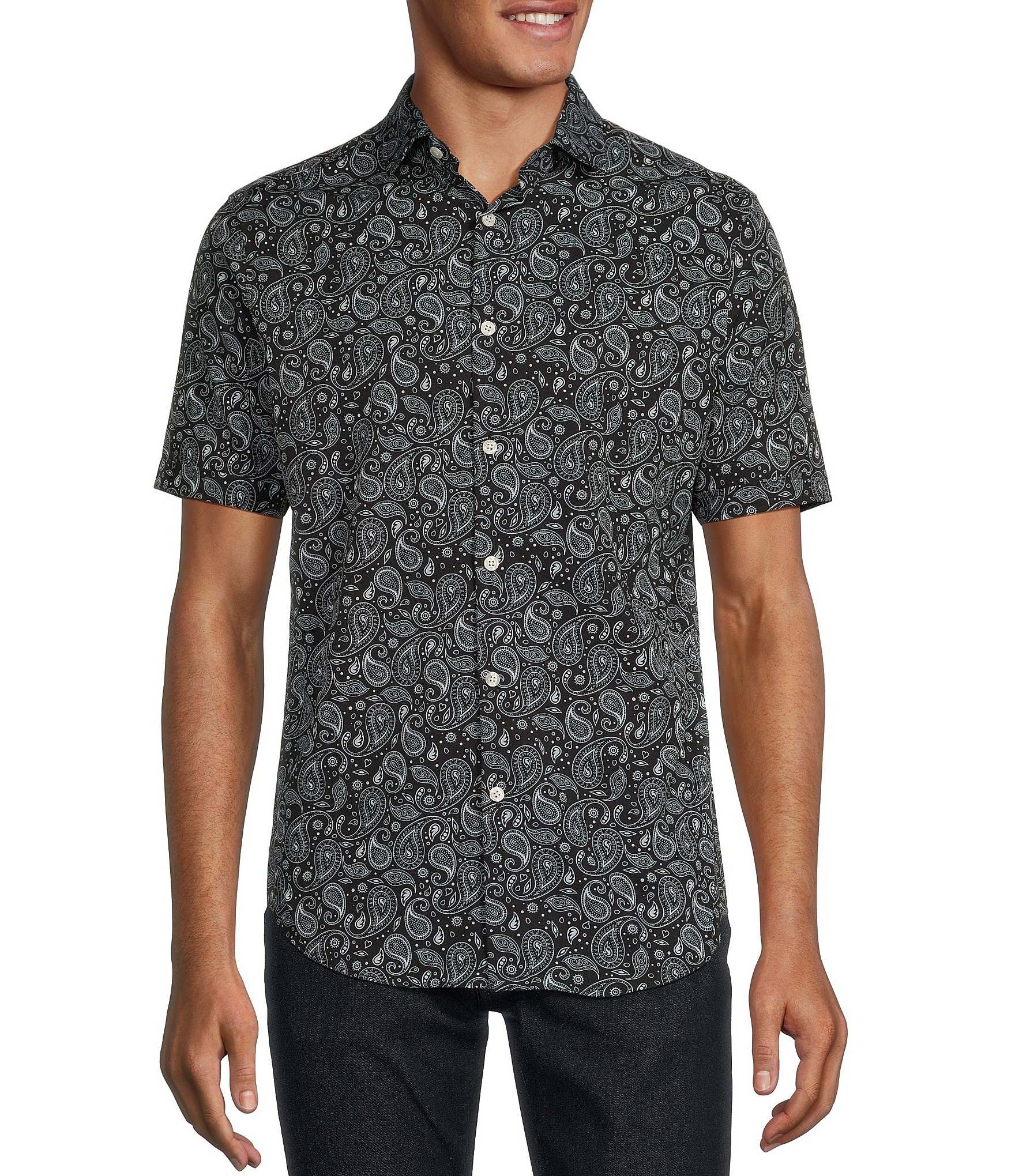 Murano Slim-Fit Performance Stretch Paisley Print Short Sleeve Woven ...