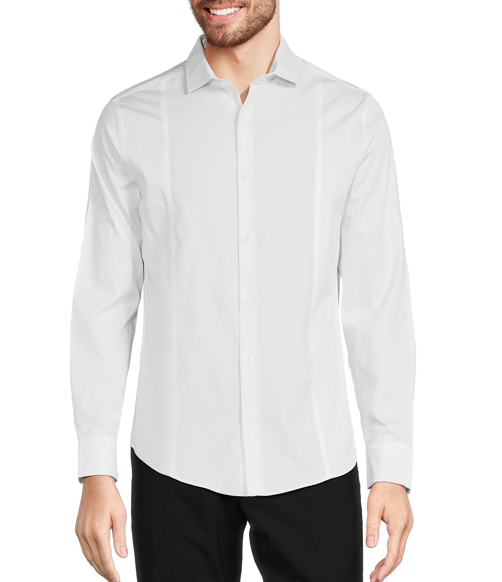 Murano Slim-Fit Sateen Pieced Solid Long Sleeve Woven Shirt