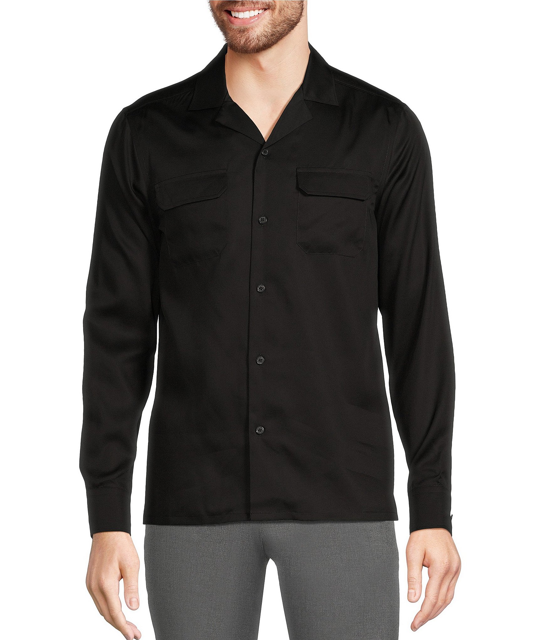 Murano Slim Fit Sateen Solid Long Sleeve Woven Camp Shirt