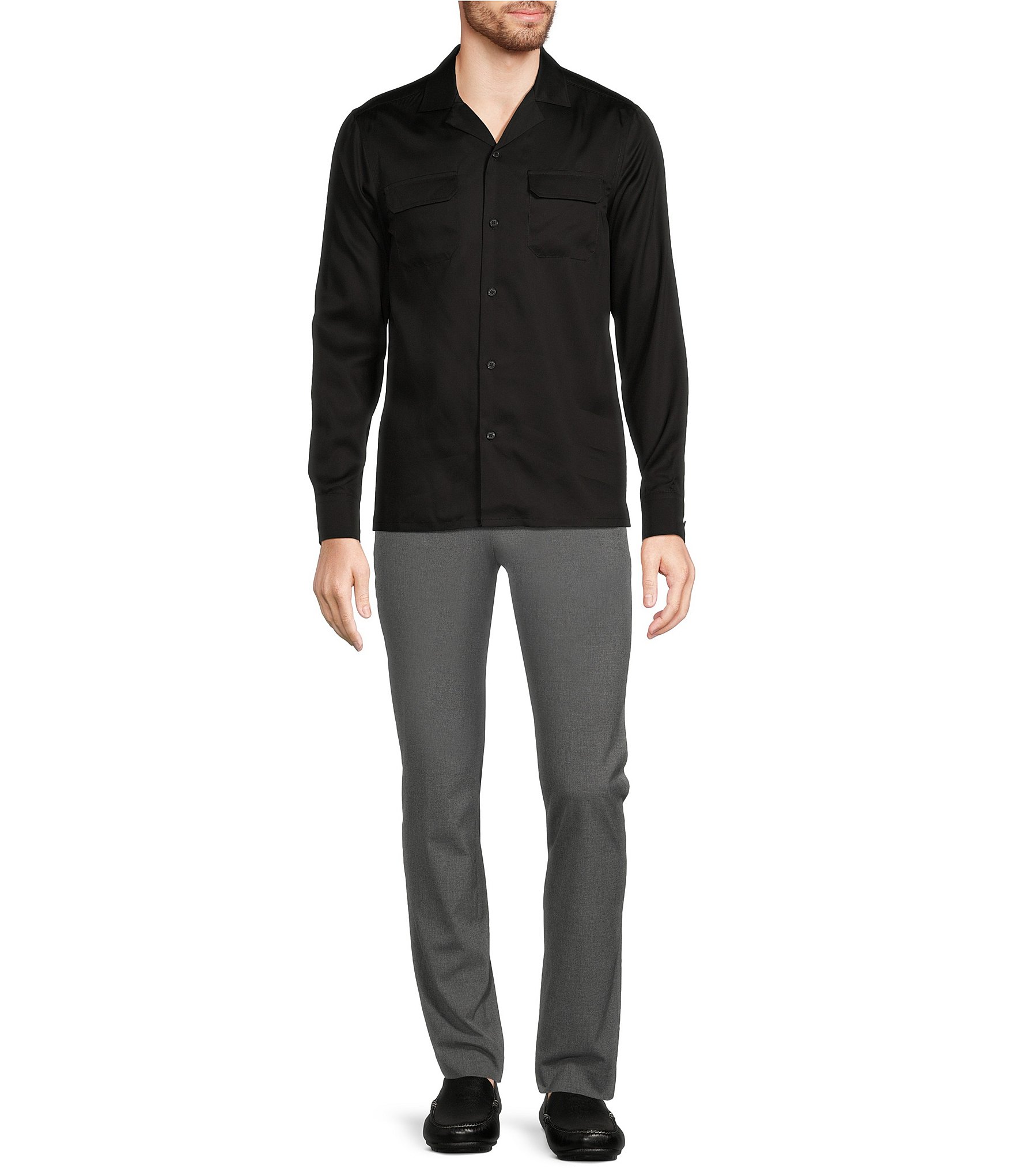 Murano Slim Fit Sateen Solid Long Sleeve Woven Camp Shirt