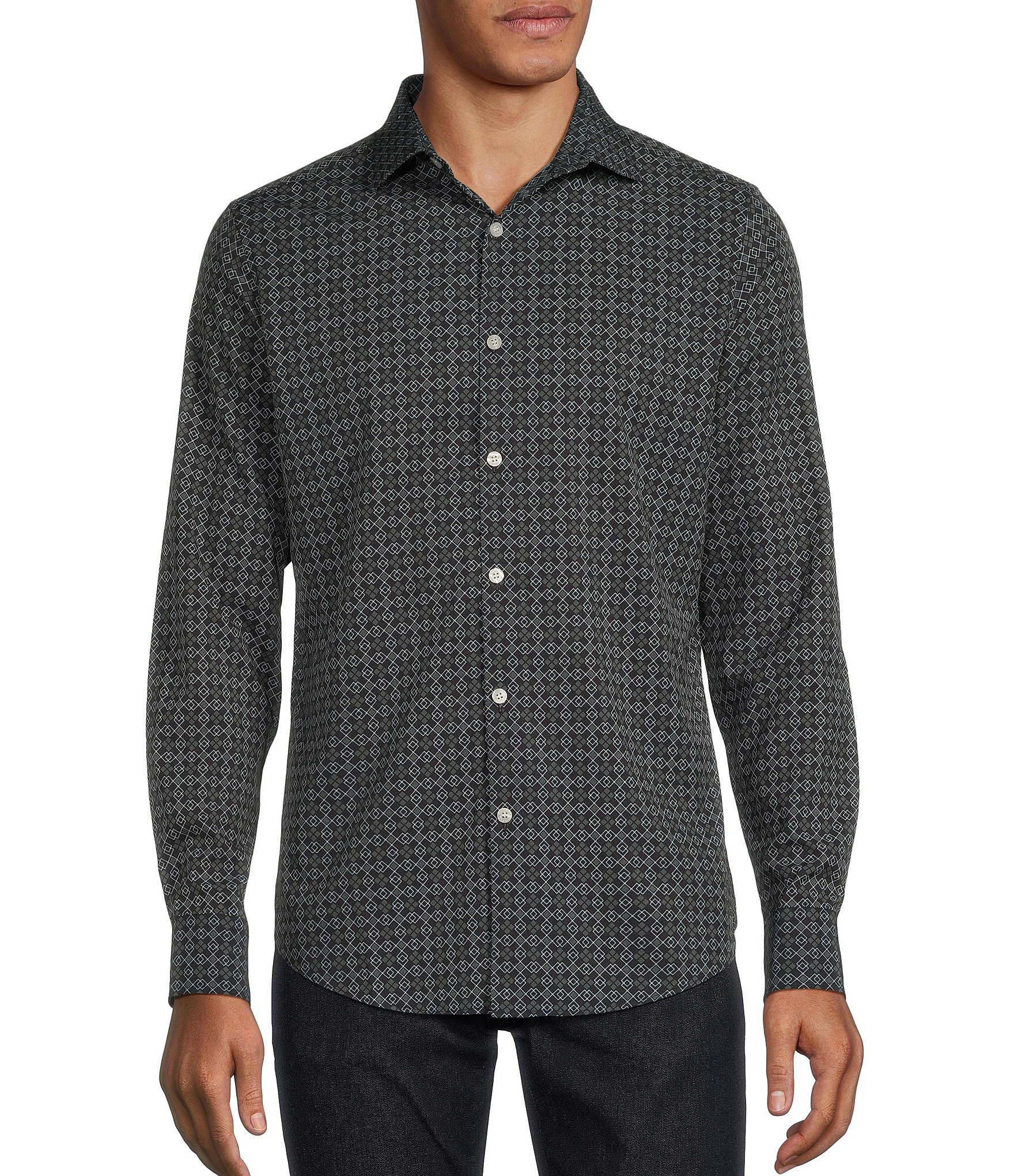 Murano Slim-Fit Square Geometric Performance Stretch Long-Sleeve Woven Shirt