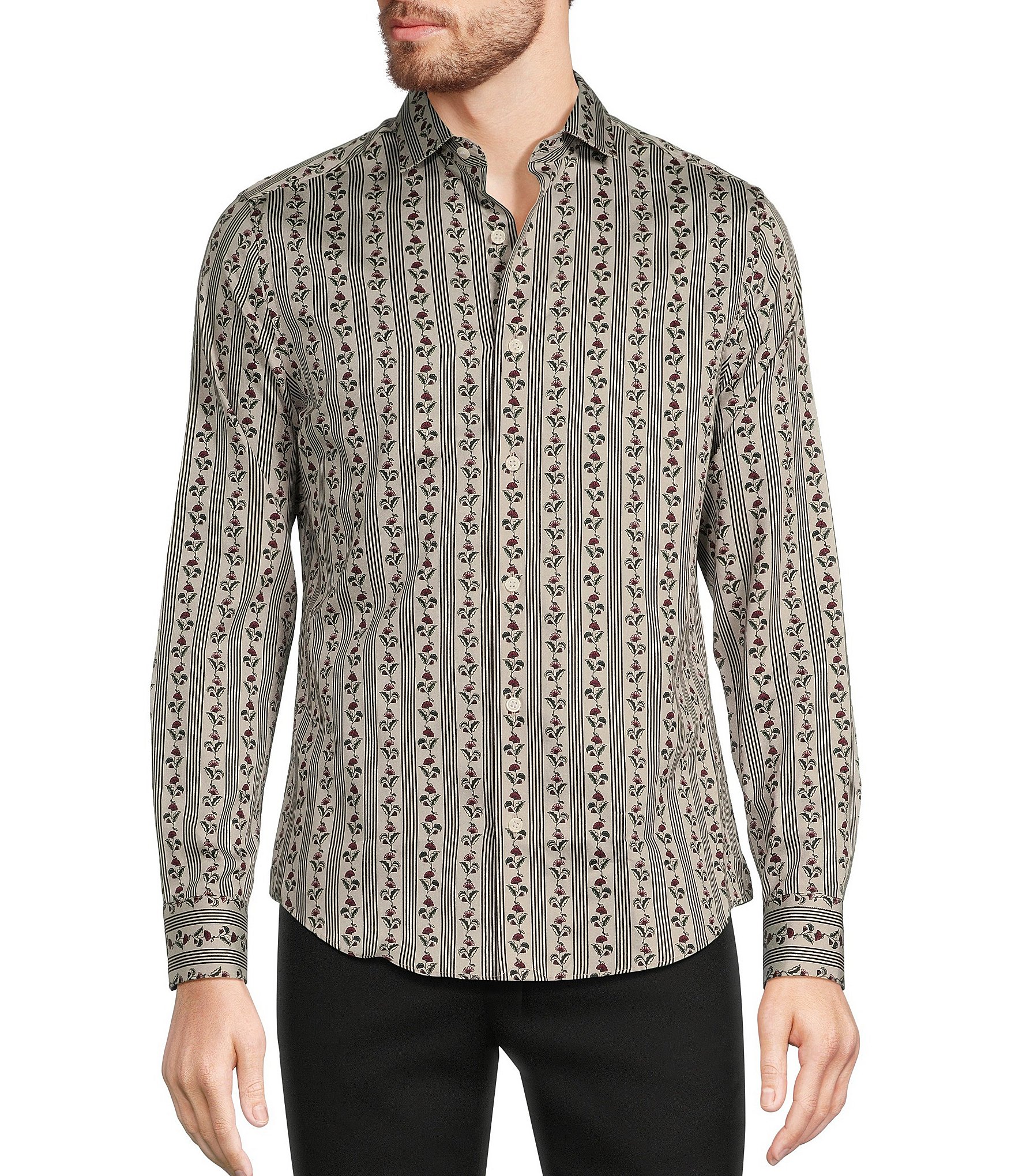 Murano Timeless Twenties Collection Slim Fit Sateen Spread Collar Floral Stripe Long Sleeve Woven Shirt