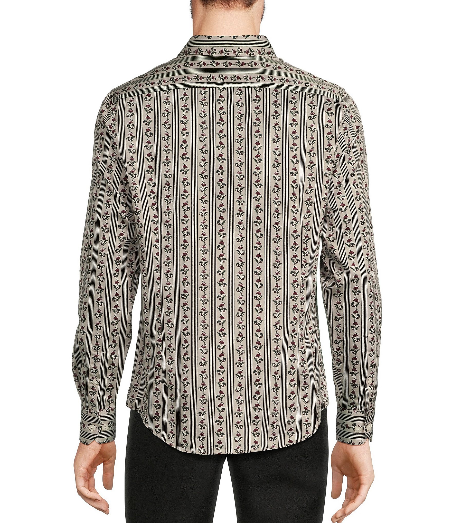 Murano Timeless Twenties Collection Slim Fit Sateen Spread Collar Floral Stripe Long Sleeve Woven Shirt