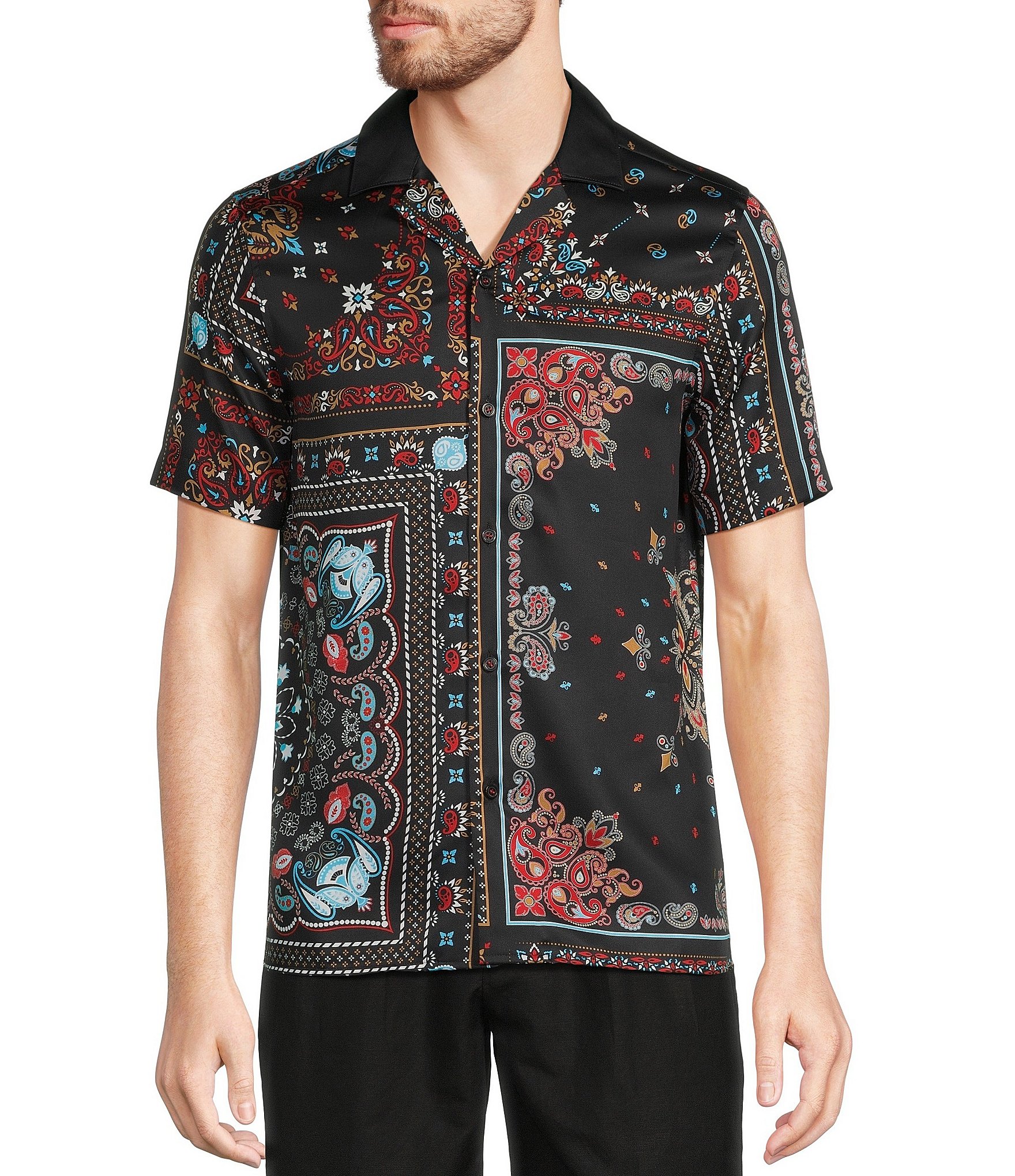 Murano Wanderin West Collection Slim-Fit Bandana Print Short Sleeve Woven Camp Shirt