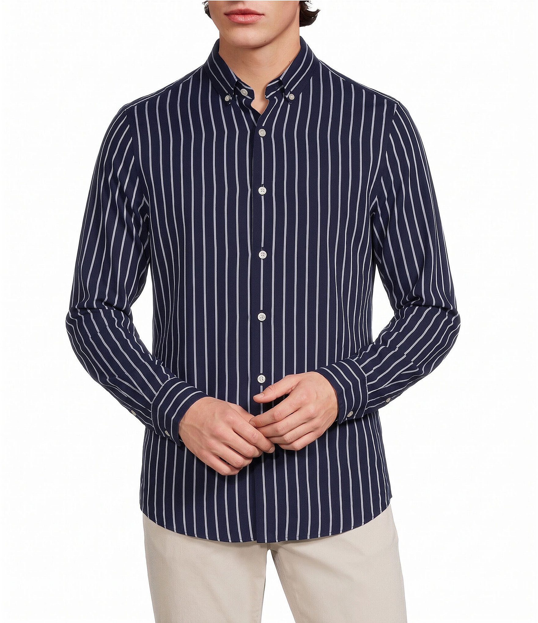 Murano Weekend Edit Slim Fit Stripe Long Sleeve Woven Shirt