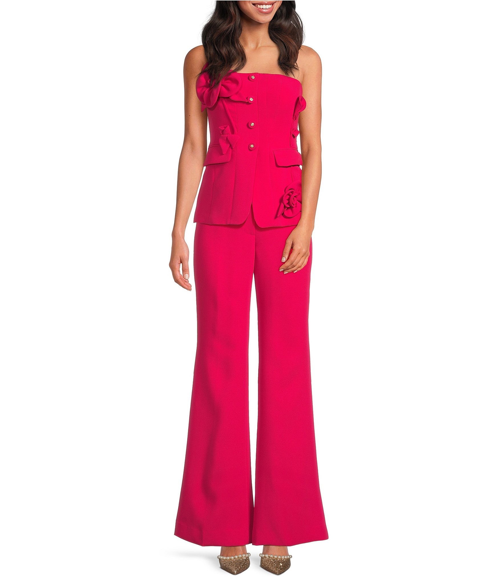 Muse by Marchesa Flora Stretch Crepe Applique Strapless Button-Up Vest