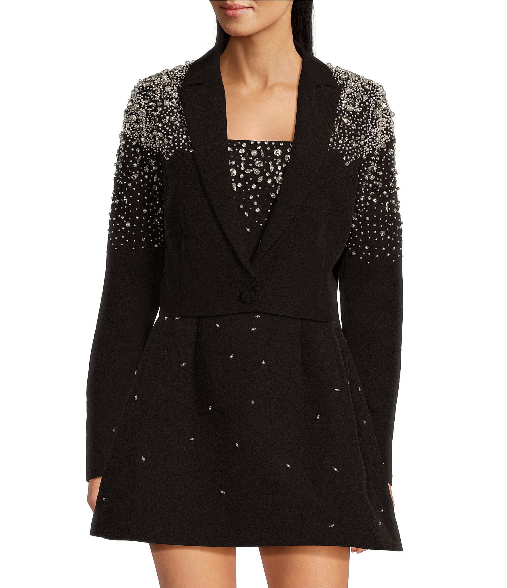 Muse by Marchesa Moonflower Crepe Jeweled Beaded Pearl Notch