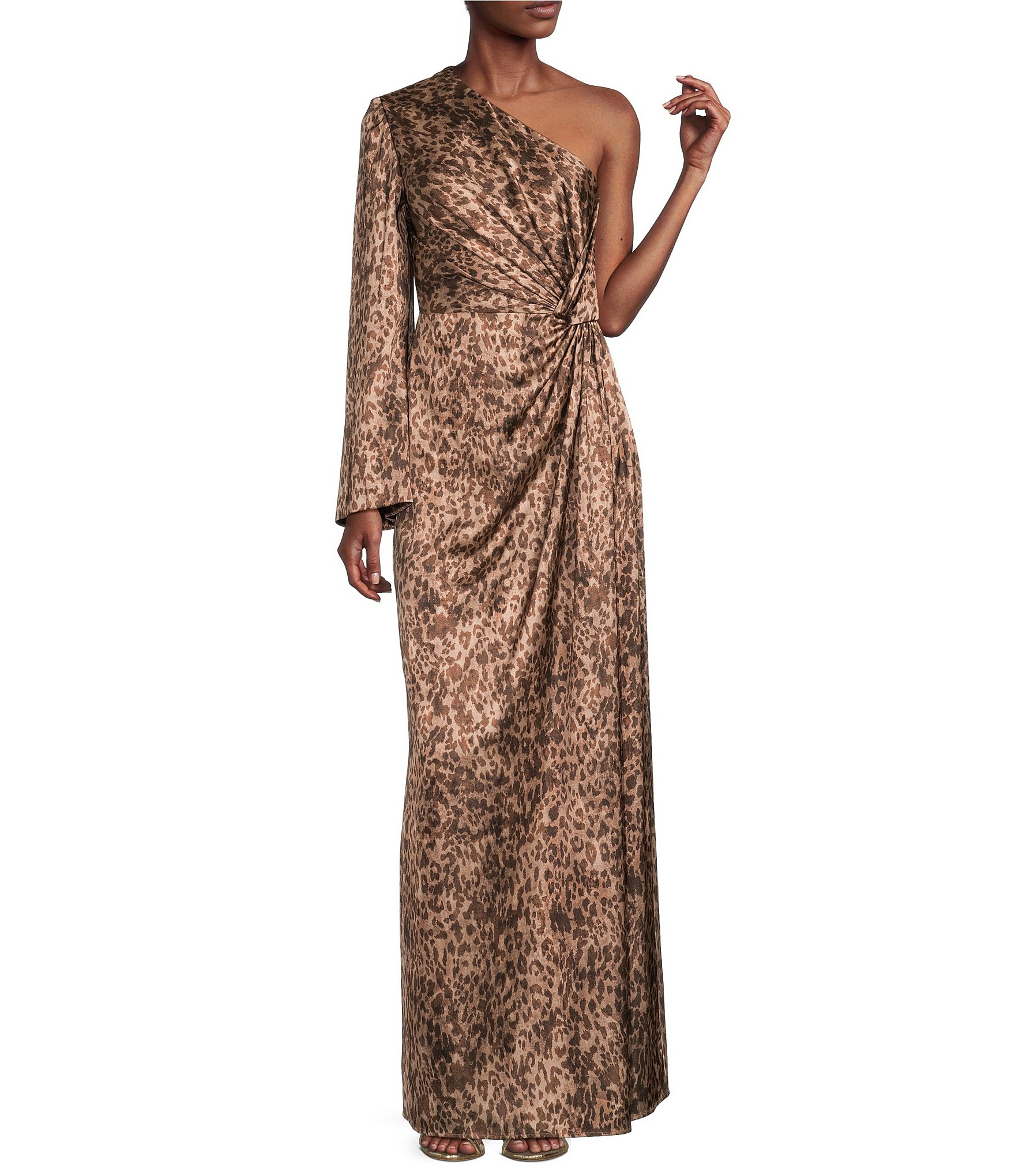 Muse by Marchesa Senna Leopard Print Silk Asymmetrical One Side Long Sleeve  Twist Front Slip Maxi Dress | Dillard's