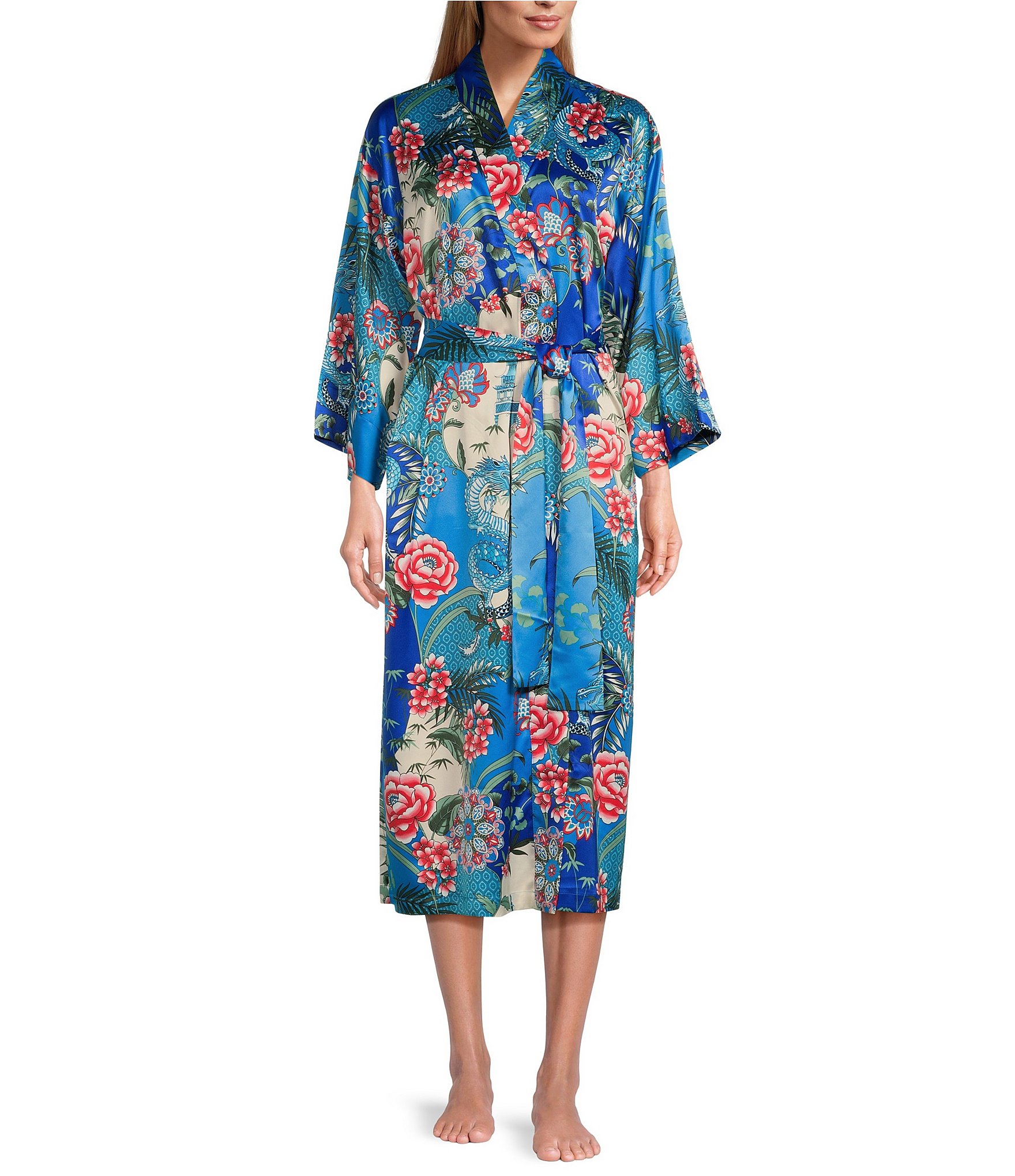 N by Natori Allover Printed Long Sleeve Shawl Collar Coordinating Satin Robe