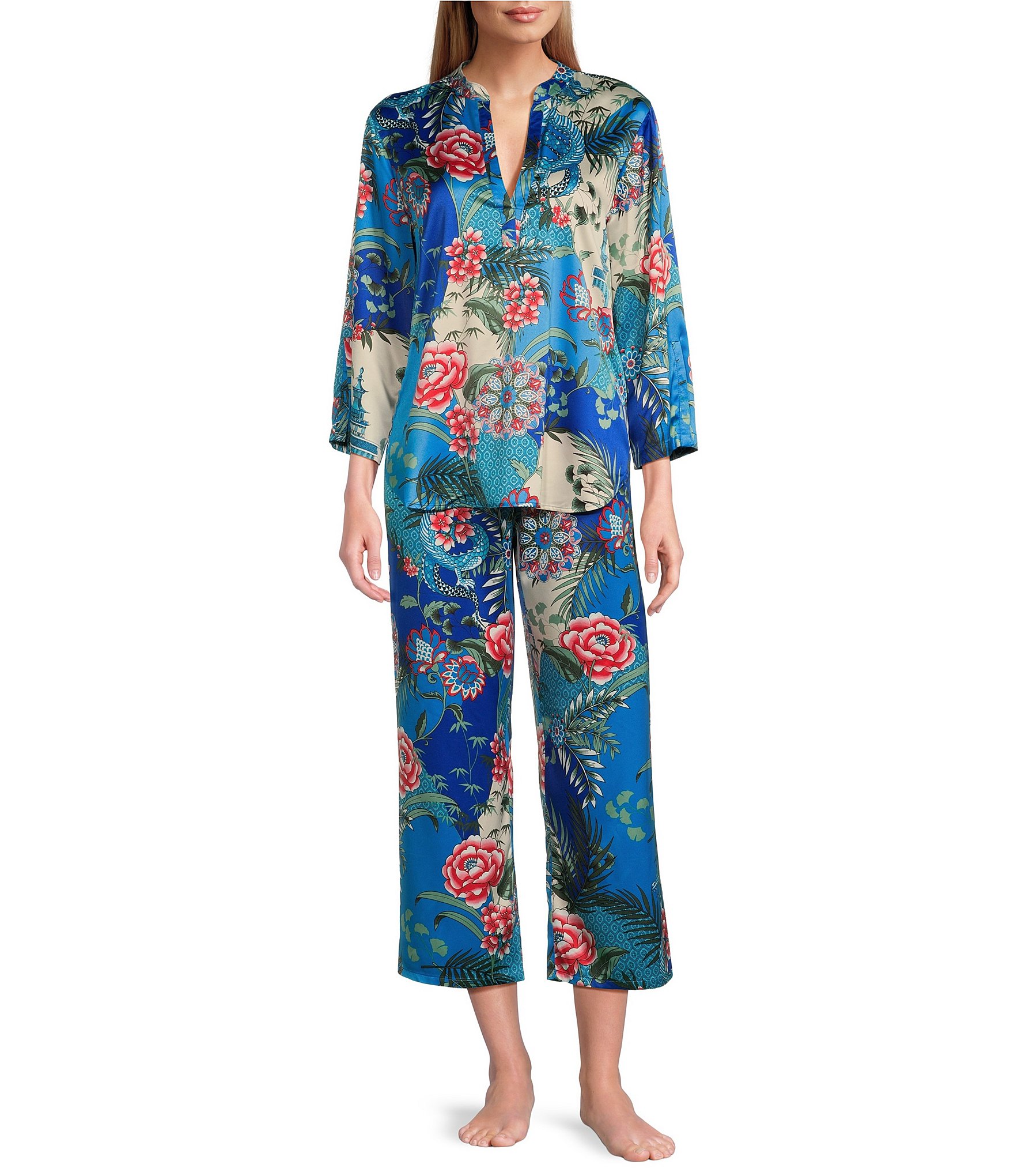 N by Natori Allover Printed Satin 3/4 Sleeve Mandarin Collar Pajama Set