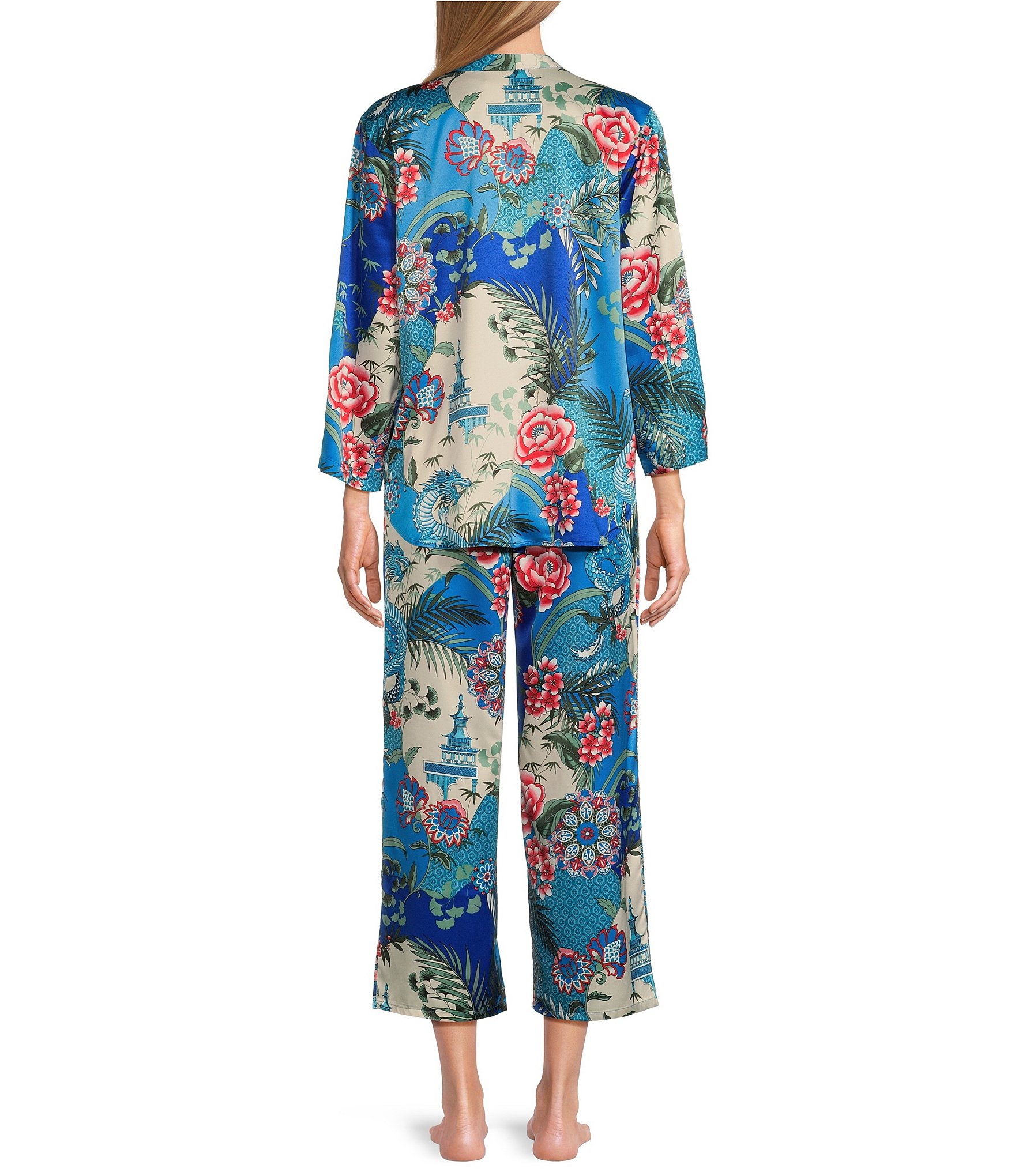 N by Natori Allover Printed Satin 3/4 Sleeve Mandarin Collar Pajama Set