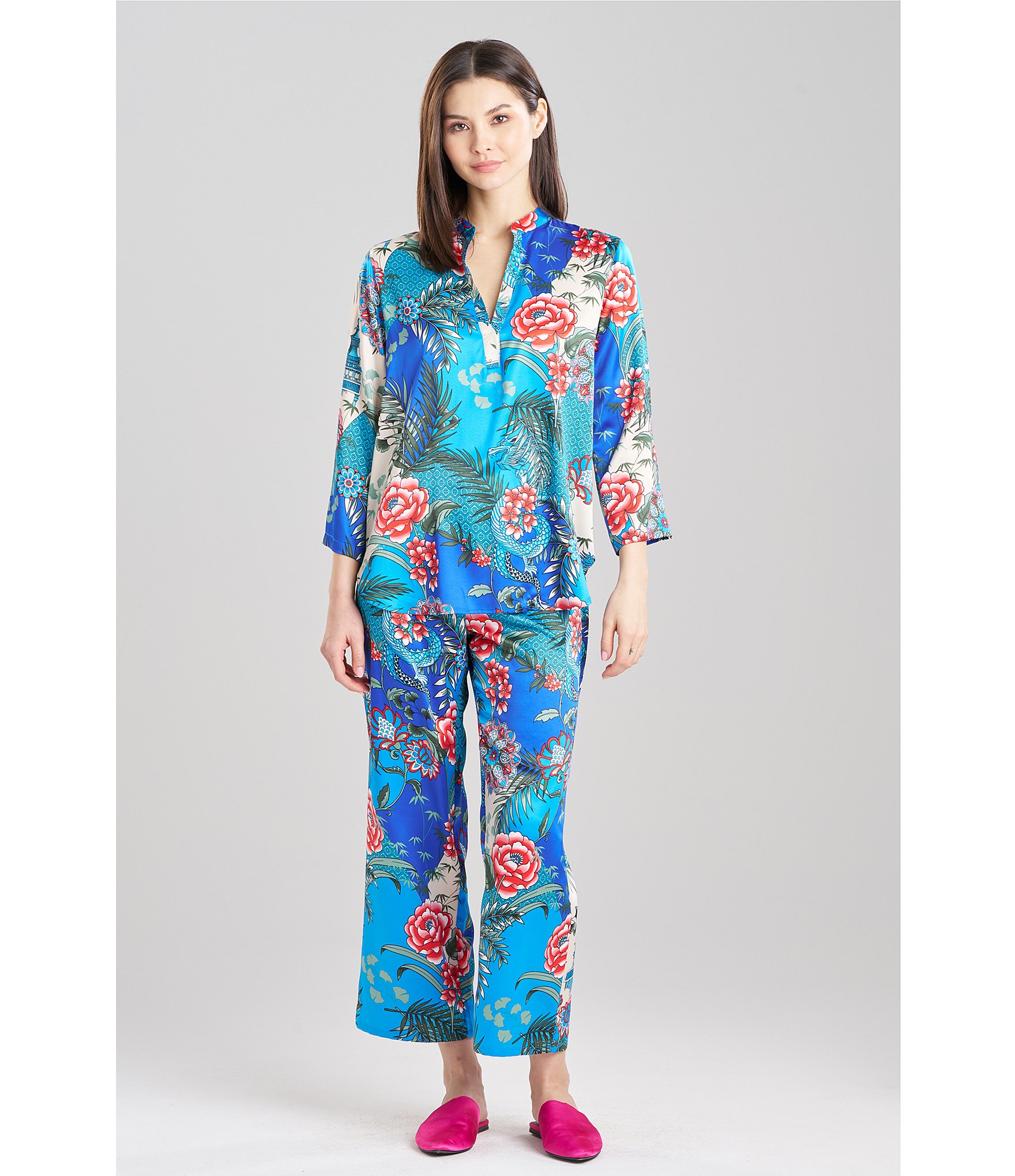 N by Natori Allover Printed Satin 3/4 Sleeve Mandarin Collar Pajama Set