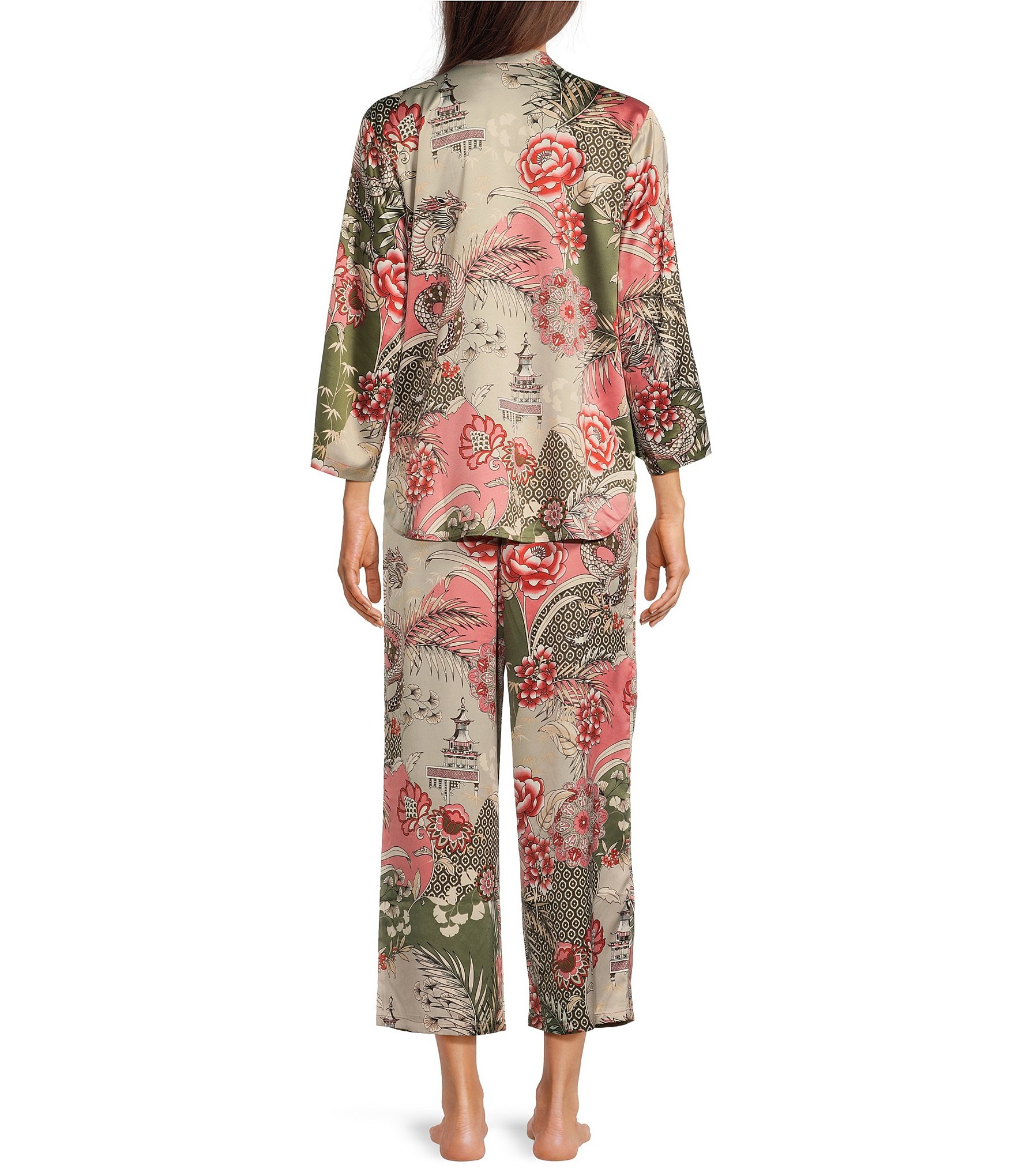 N by Natori Allover Printed Satin 3/4 Sleeve Mandarin Collar Pajama Set