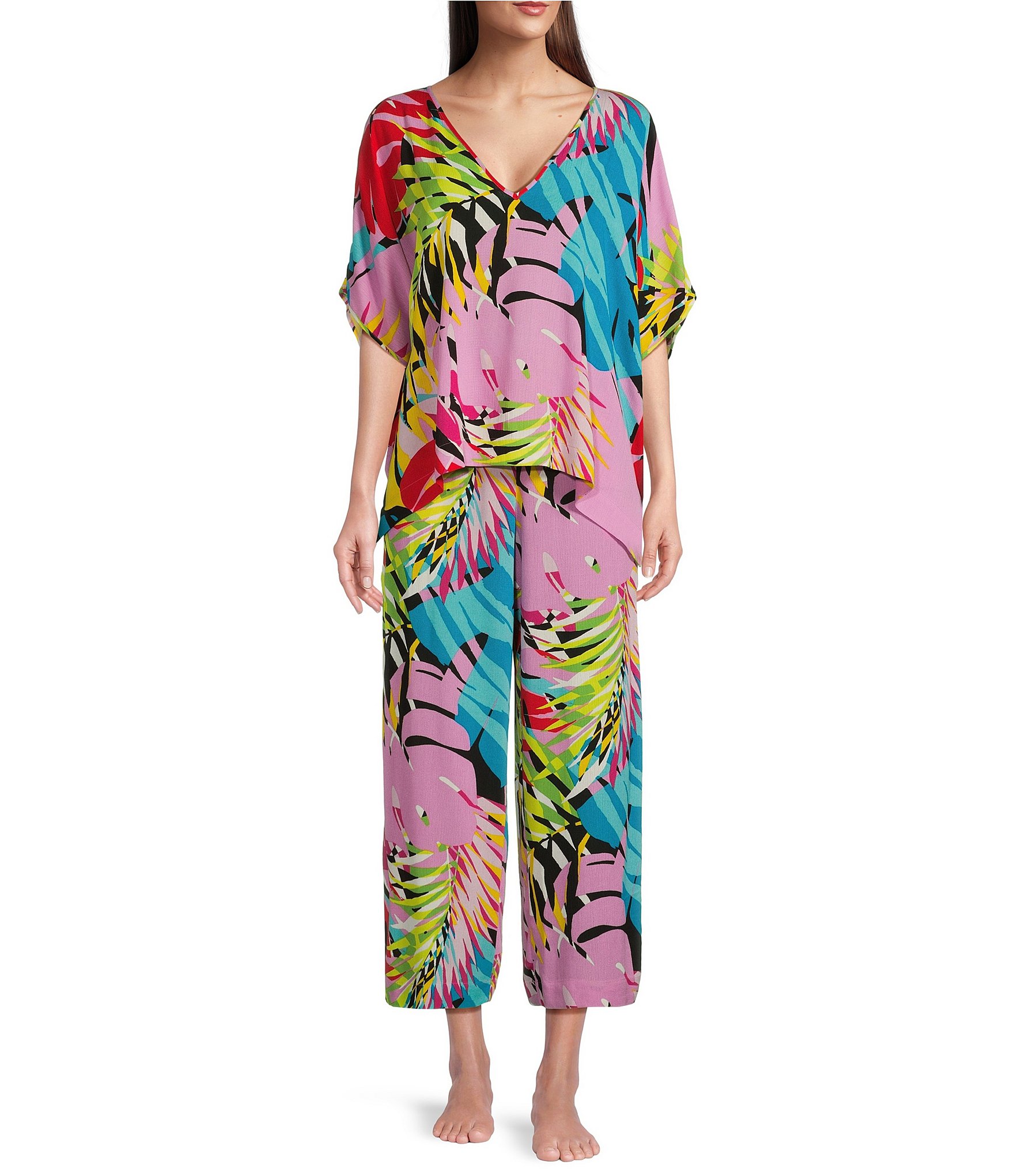 N by Natori Satin Majestic Orchid Floral 34 Sleeve Split V-Neck Caftan - S