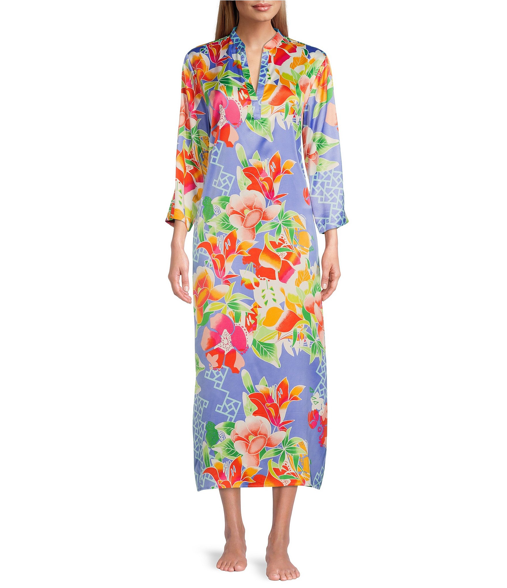 N by Natori Camellia Blue Floral Print 3/4 Sleeve Stand Collar V-Neck ...