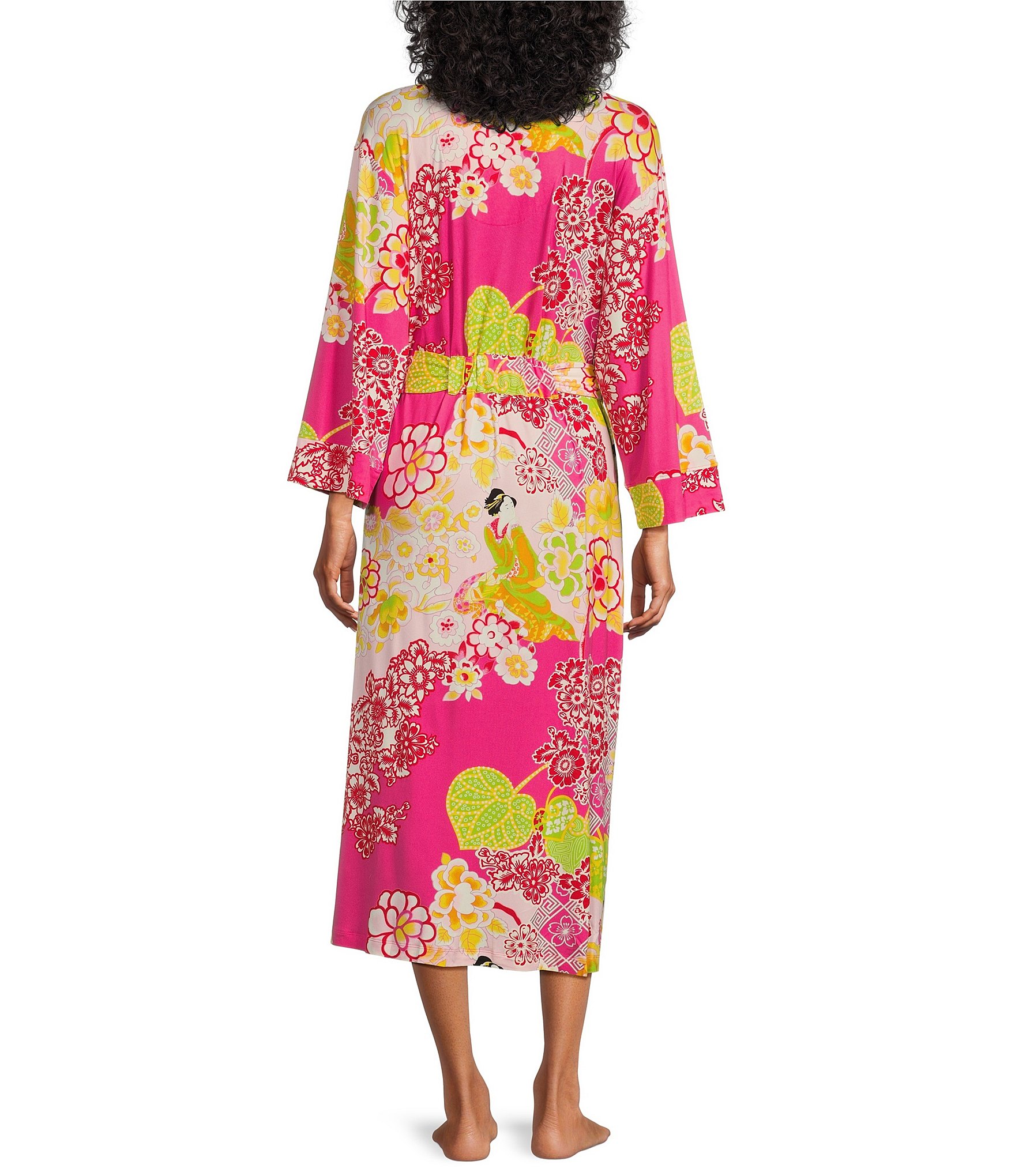 N By Natori Cozy Knit Garden Print Long Sleeve Shawl Collar Wrap Robe