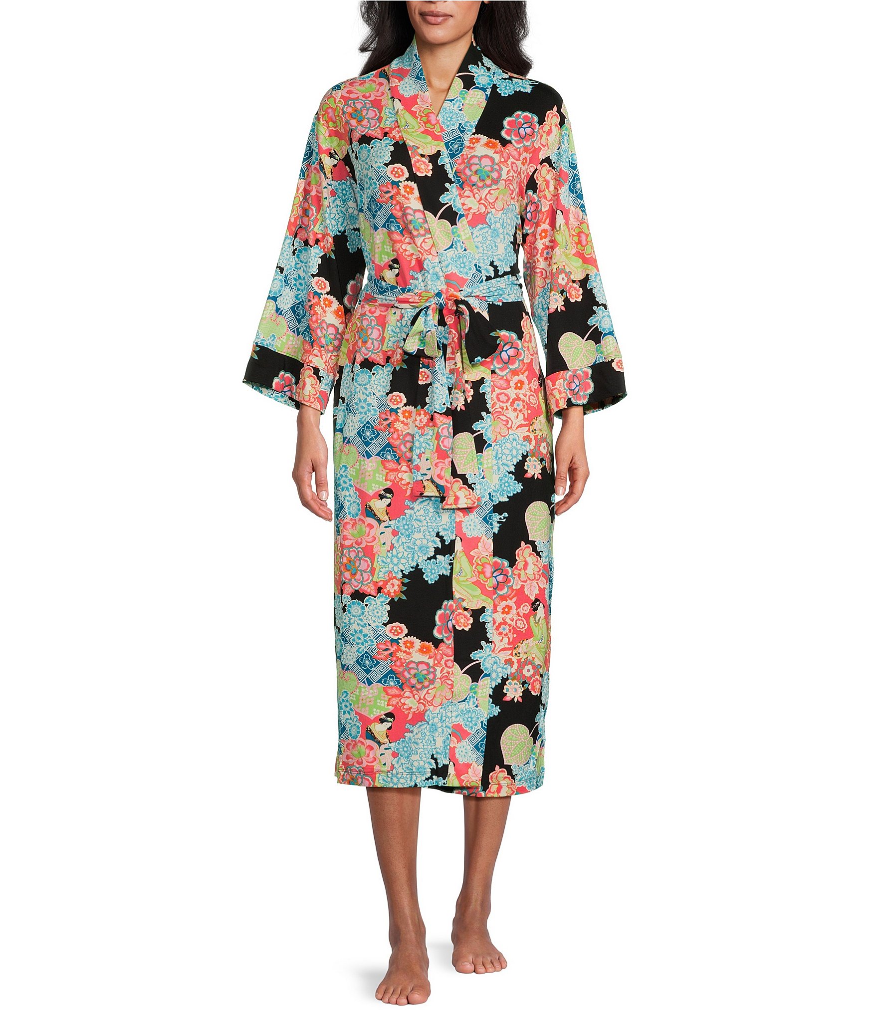 N By Natori Cozy Knit Garden Print Long Sleeve Shawl Collar Wrap Robe