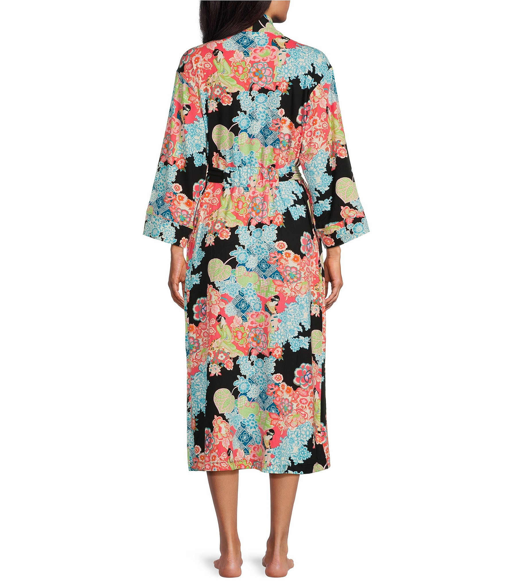 N By Natori Cozy Knit Garden Print Long Sleeve Shawl Collar Wrap Robe