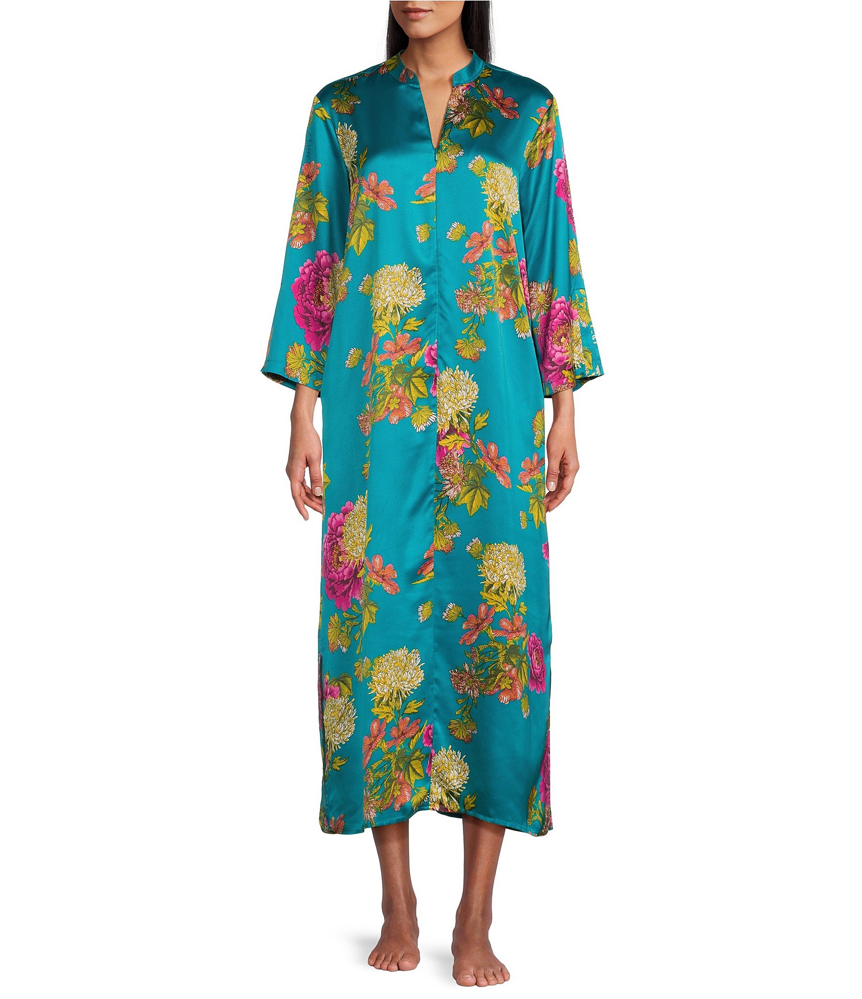 N by Natori Crysanthe Print 3/4 Sleeve Satin Zip Caftan