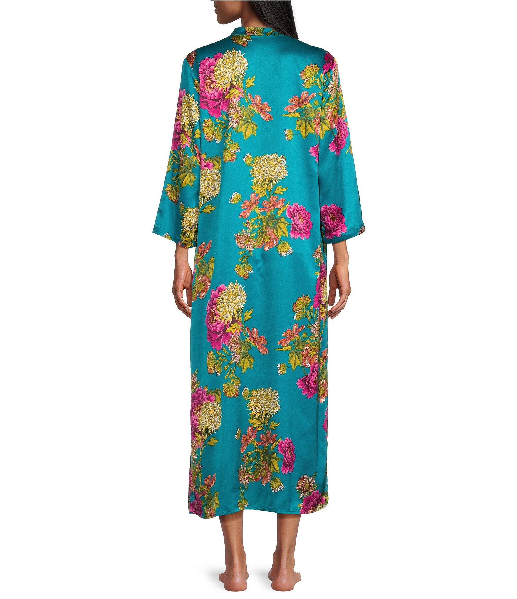 N by Natori Crysanthe Print 3/4 Sleeve Satin Zip Caftan