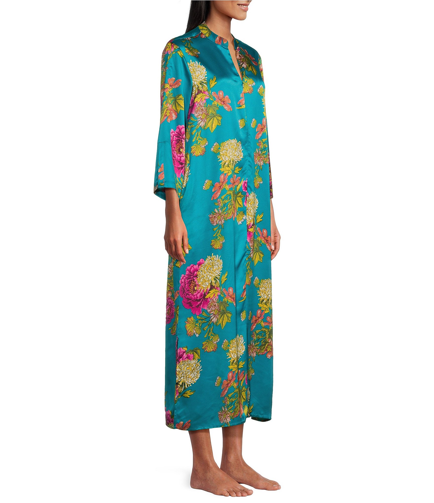 N by Natori Crysanthe Print 3/4 Sleeve Satin Zip Caftan