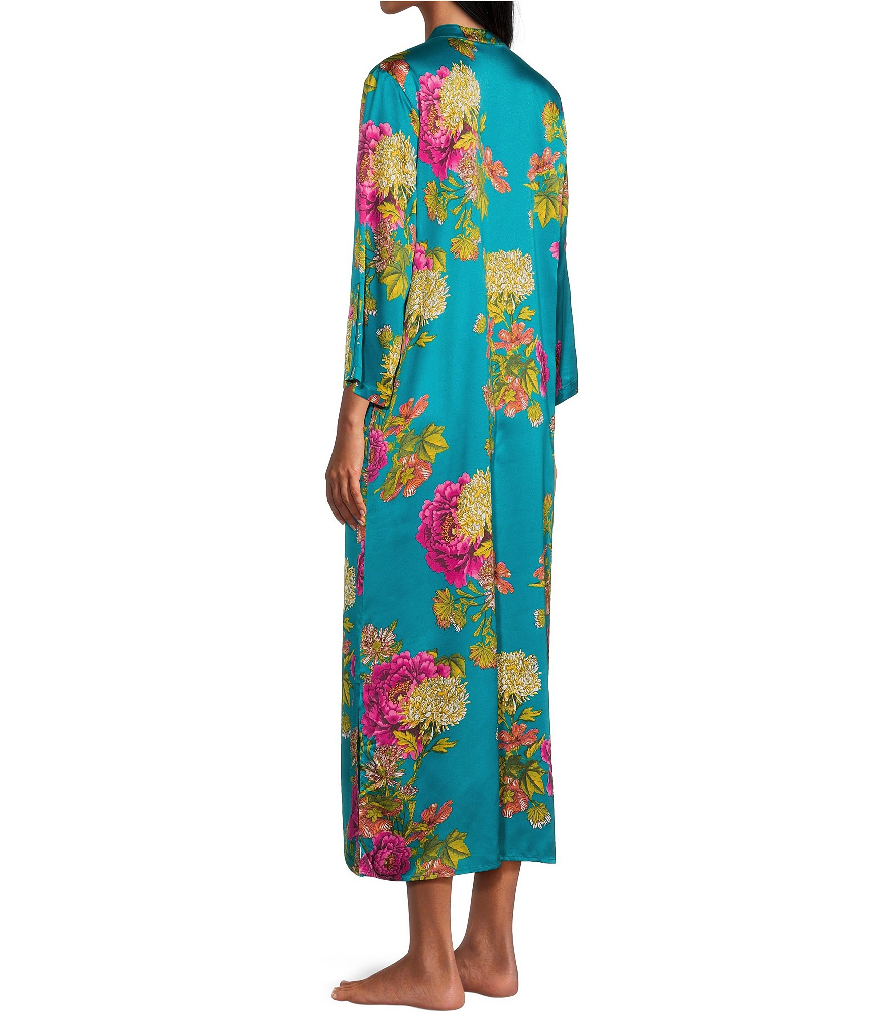 N by Natori Crysanthe Print 3/4 Sleeve Satin Zip Caftan
