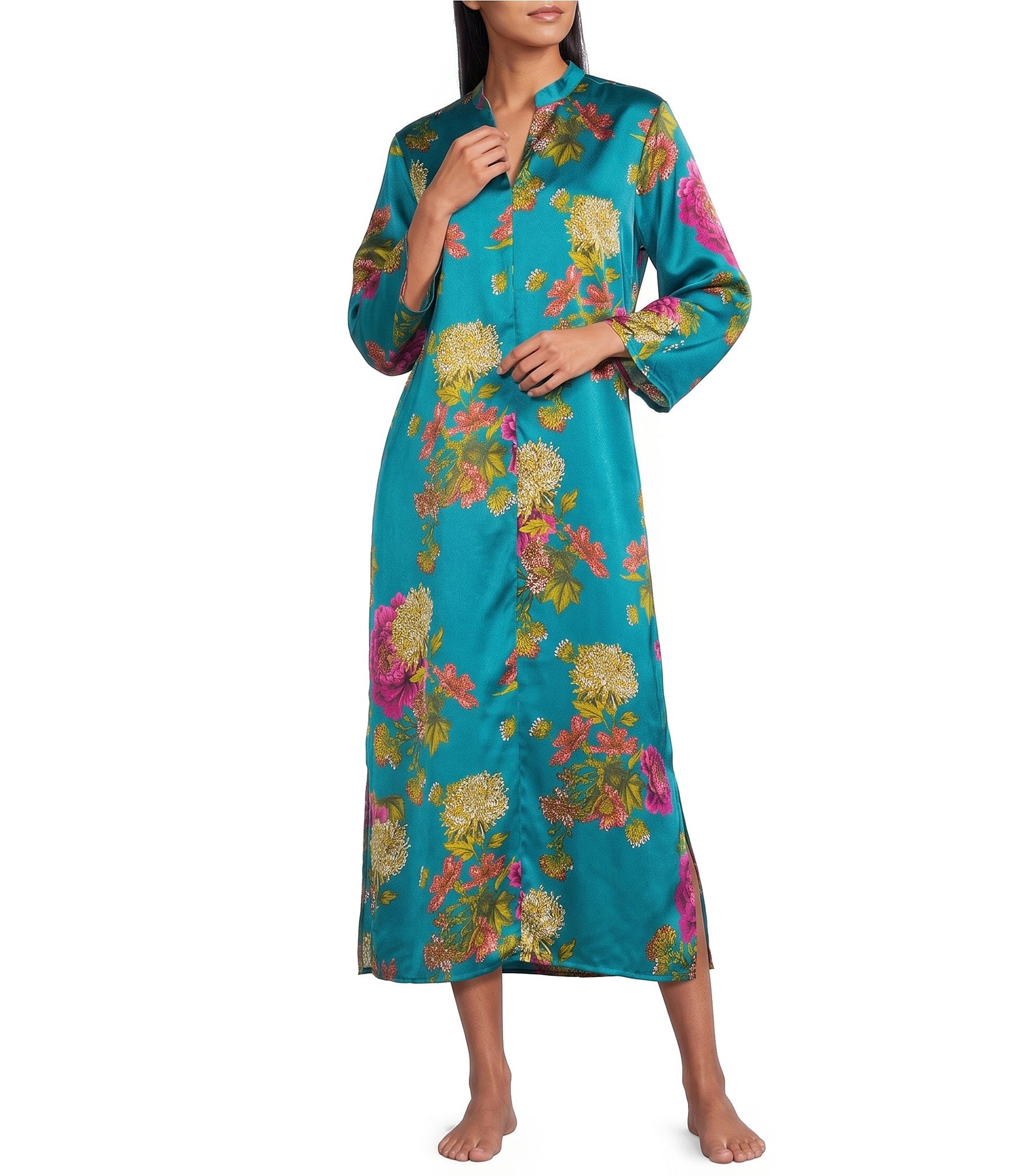 N by Natori Crysanthe Print 3/4 Sleeve Satin Zip Coordinating Caftan