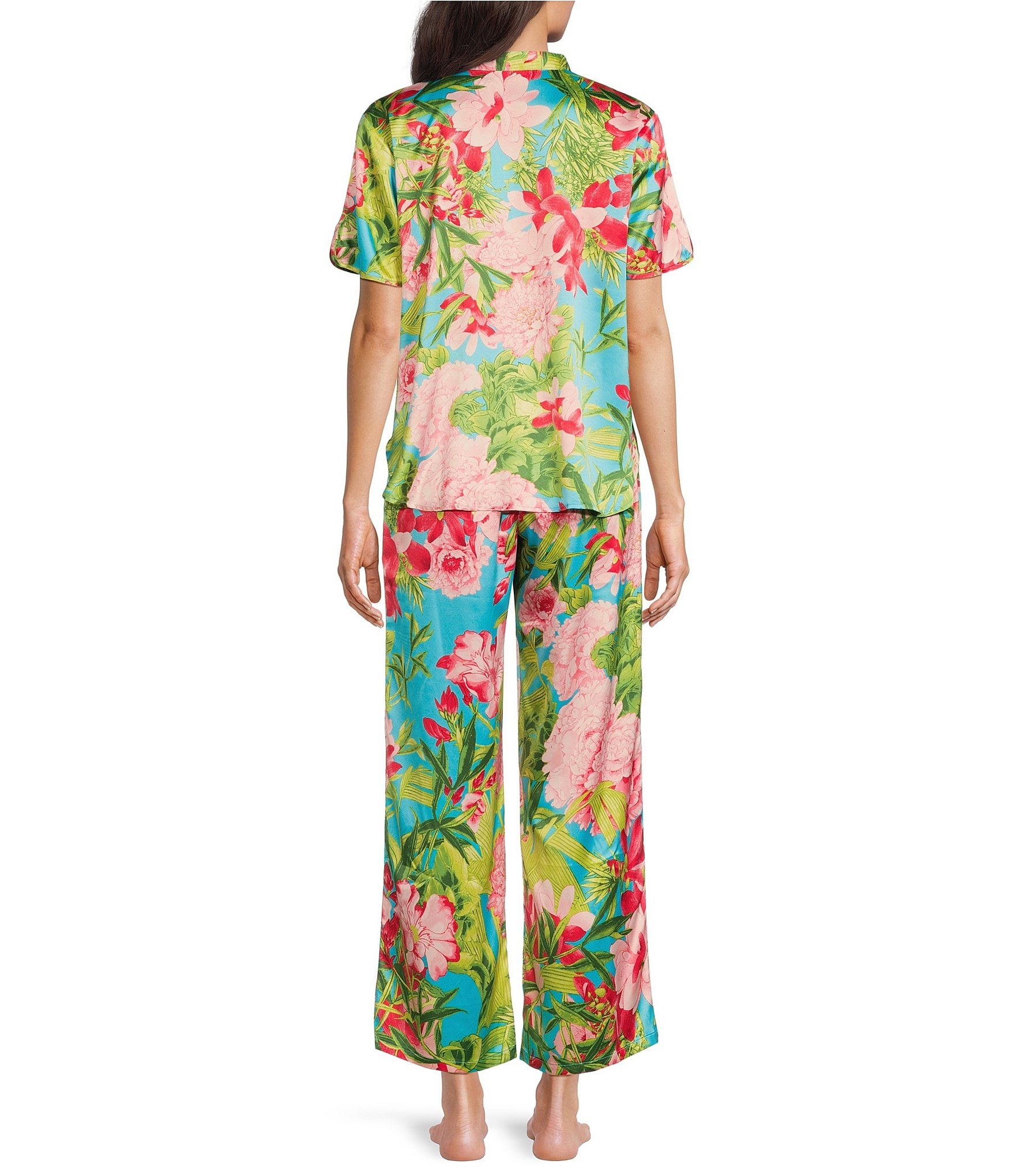 N by Natori Enchanted Peony Satin Short Sleeve Mandarin Collar Coordinating Pajama Set