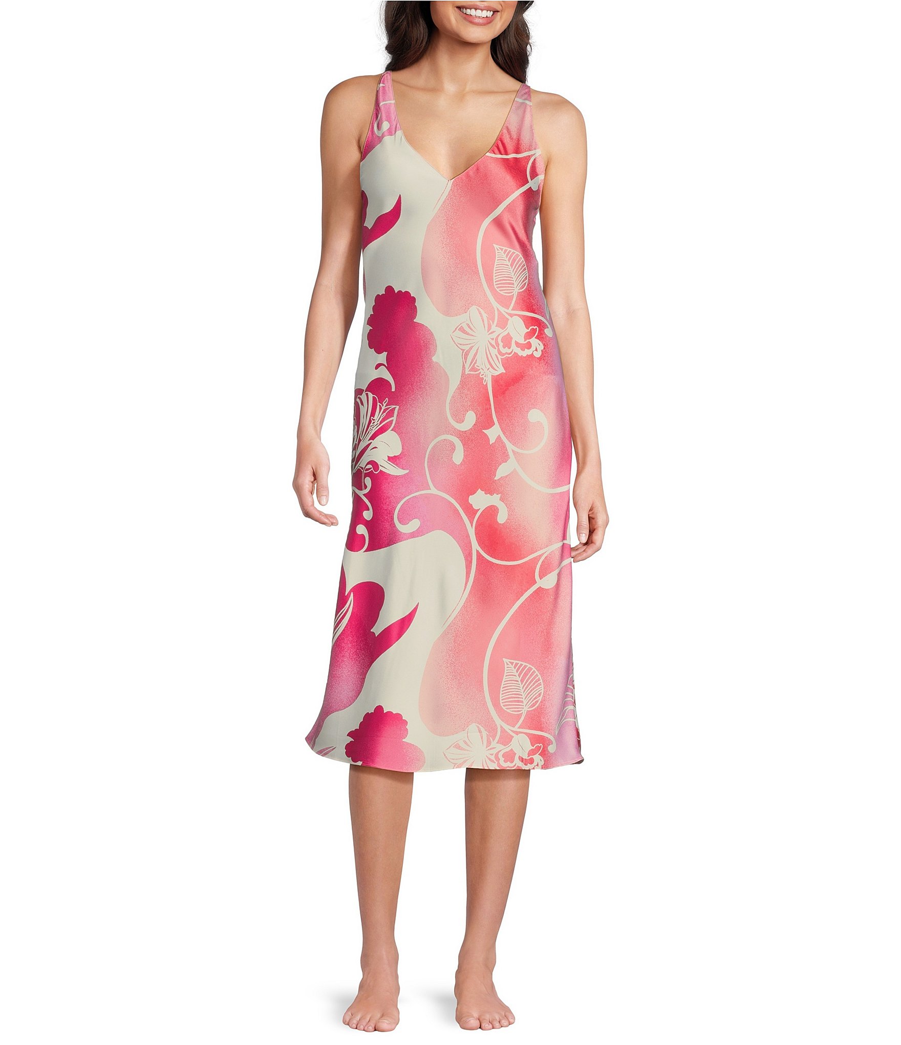 N by Natori Floral Sleeveless V-Neck Coordinating Satin Nightgown 