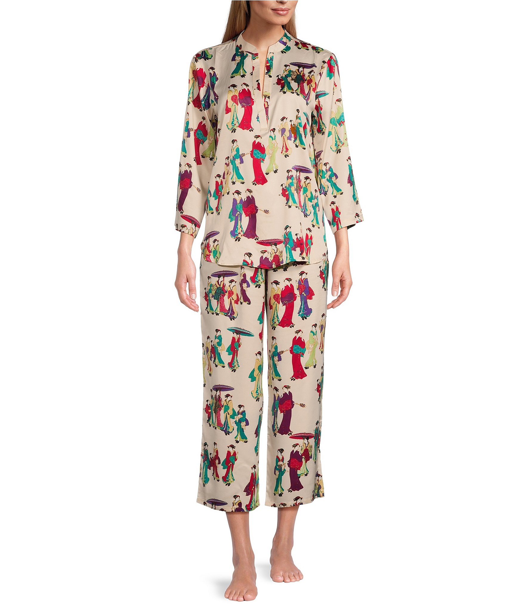 N by Natori Geisha Long Sleeve Split V-Neck Satin Printed Pajama Set ...