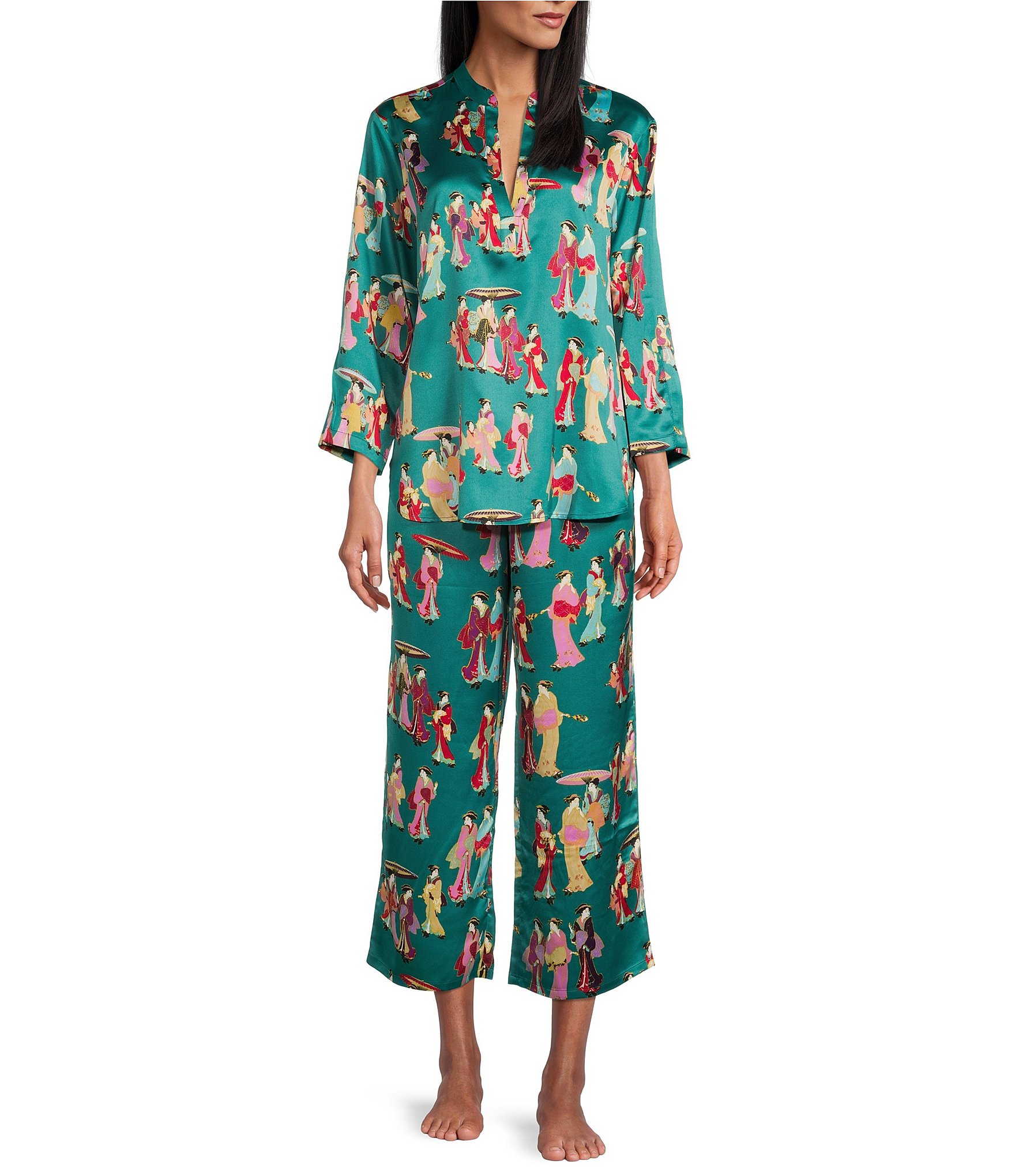 N by Natori Geisha Long Sleeve Split V-Neck Satin Printed Pajama Set ...
