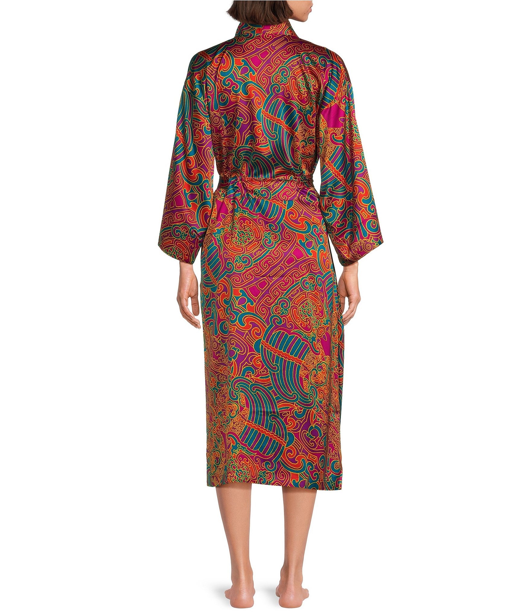 N by Natori Kaleidoscope Printed Long Sleeve Shawl Collar Coordinating Satin Robe