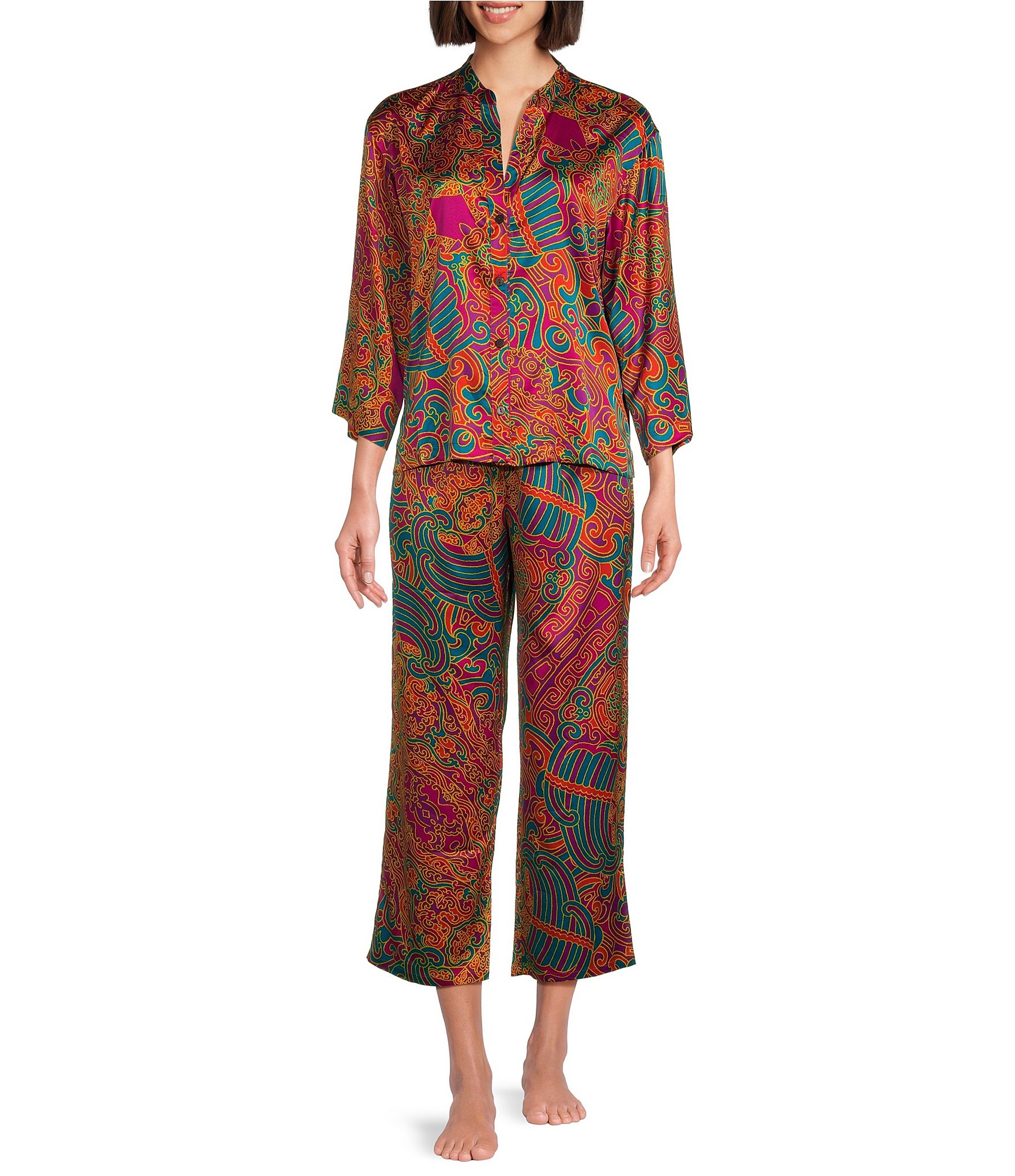 N by Natori Kaleidoscope Satin 3/4 Sleeve Mandarin Collar Coordinating Pajama Set