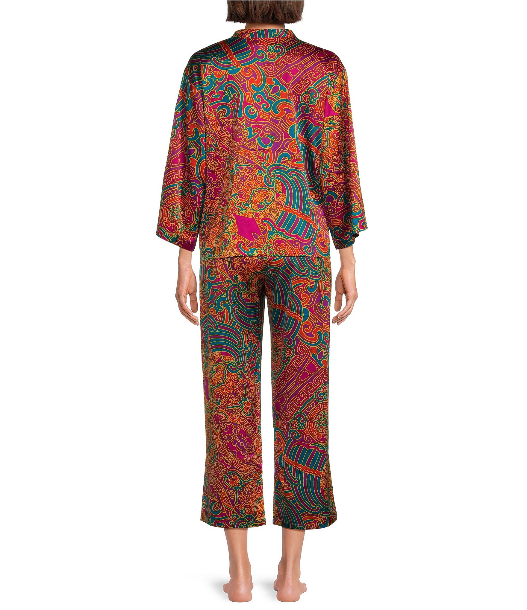 N by Natori Kaleidoscope Satin 3/4 Sleeve Mandarin Collar Coordinating Pajama Set