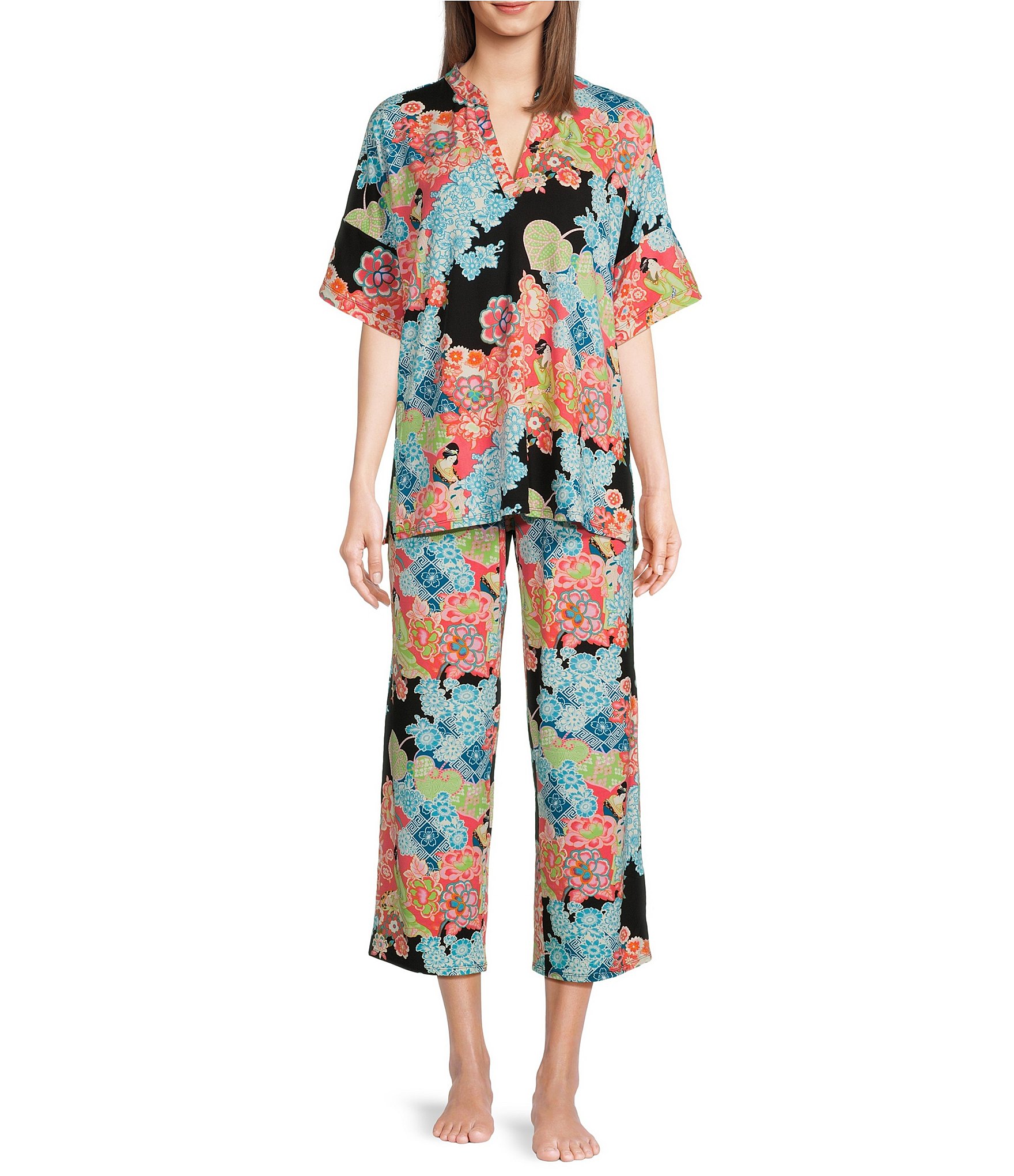 N By Natori Knit Short Sleeve Mandarin Collar Cropped Pajama Set