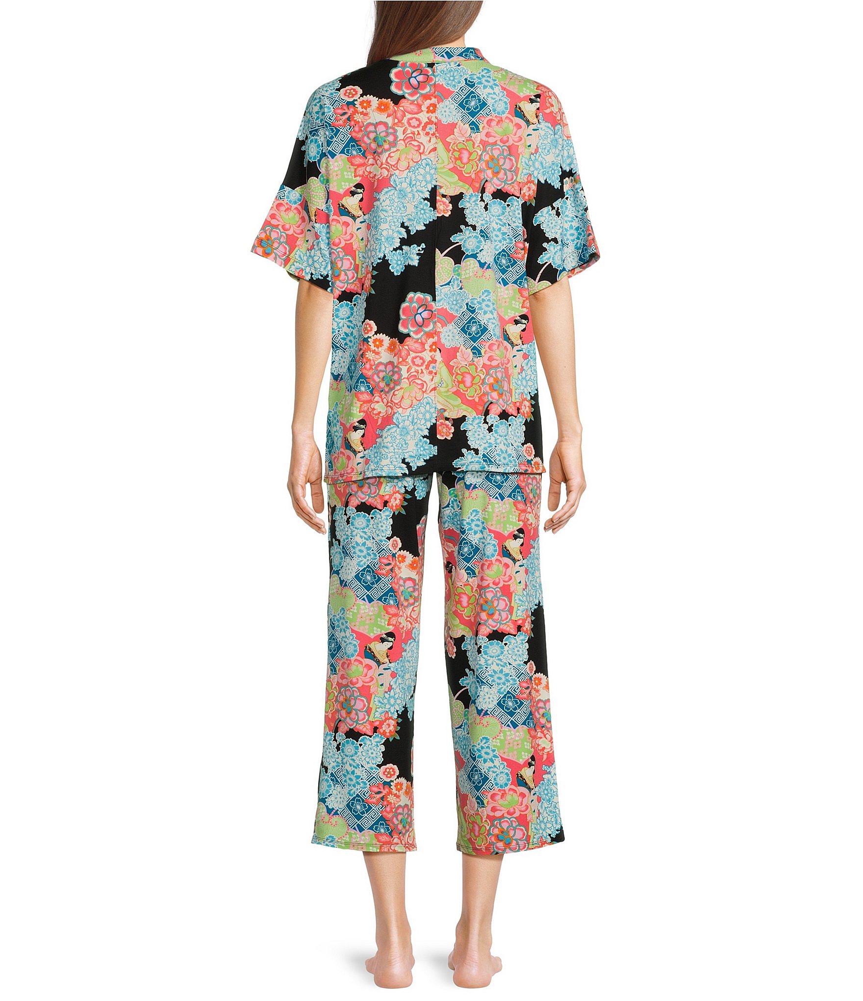 N By Natori Knit Short Sleeve Mandarin Collar Cropped Pajama Set