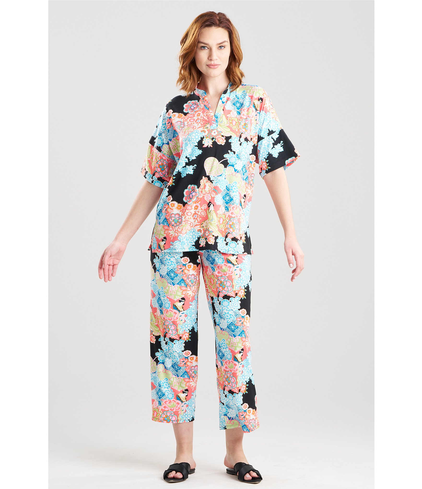 N By Natori Knit Short Sleeve Mandarin Collar Cropped Pajama Set