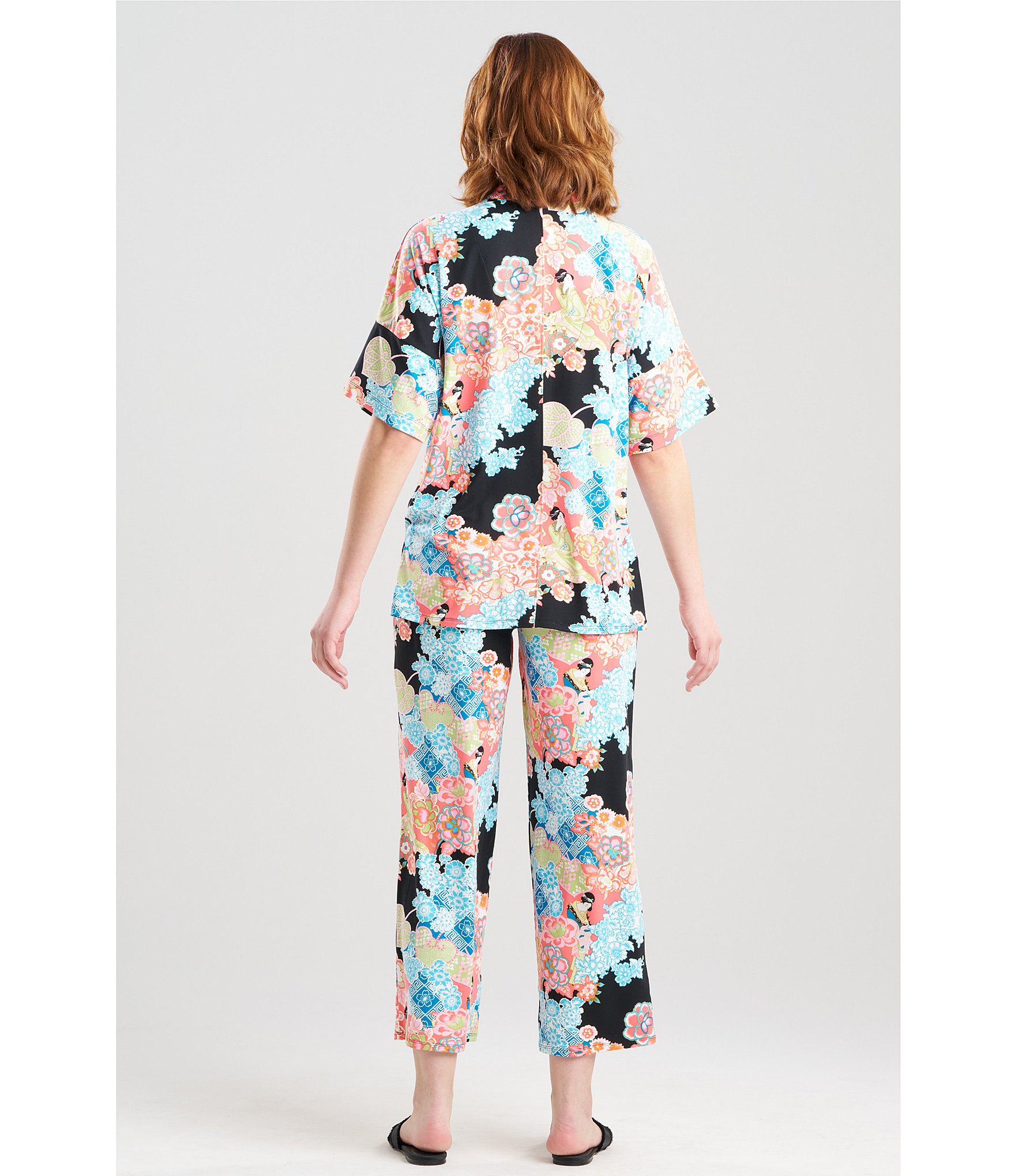 N By Natori Knit Short Sleeve Mandarin Collar Cropped Pajama Set