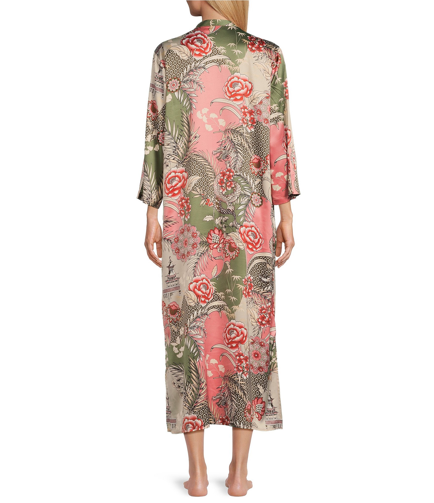 N by Natori Satin Allover Printed 3/4 Sleeve Zip Front Caftan