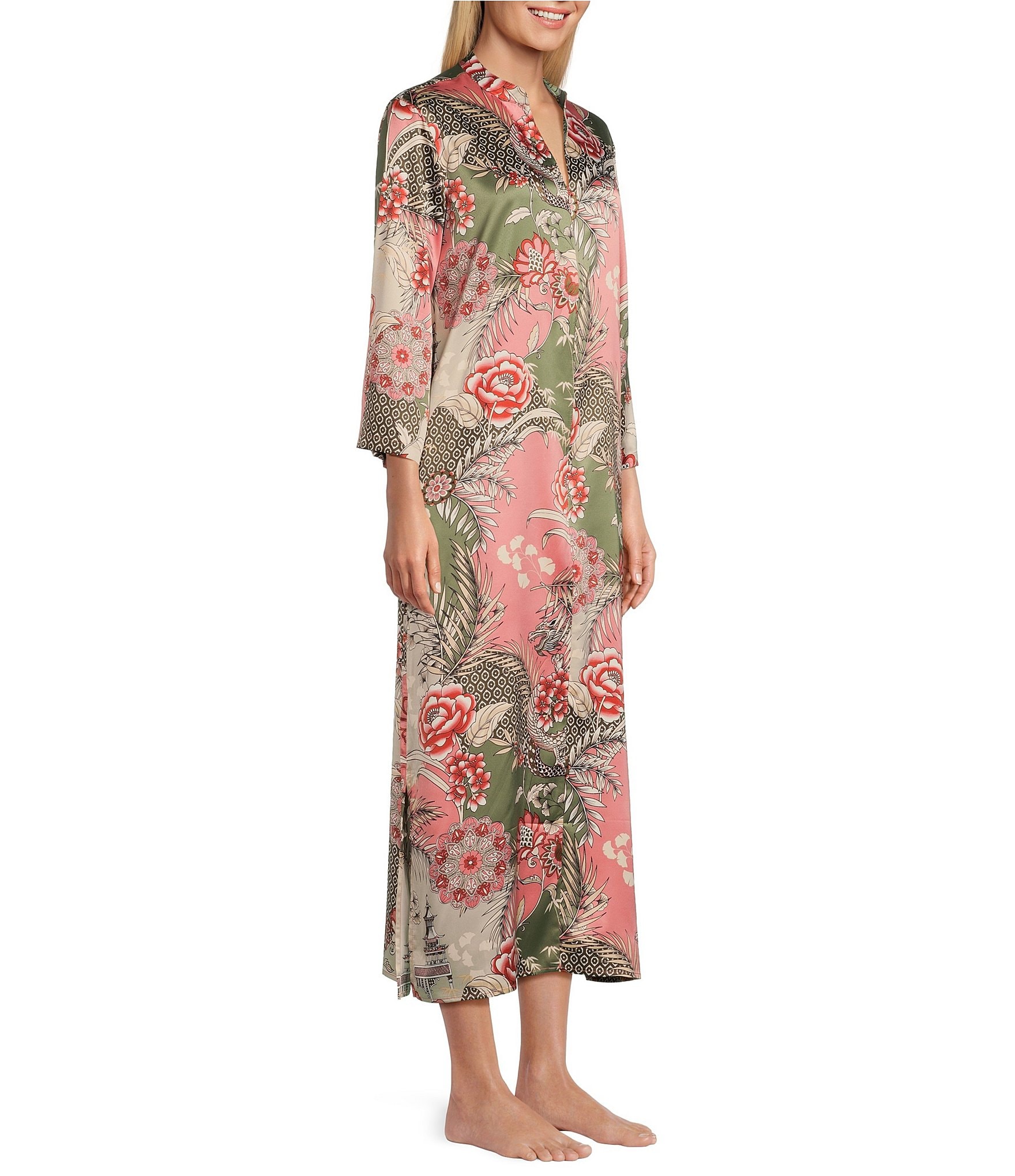 N by Natori Satin Allover Printed 3/4 Sleeve Zip Front Caftan