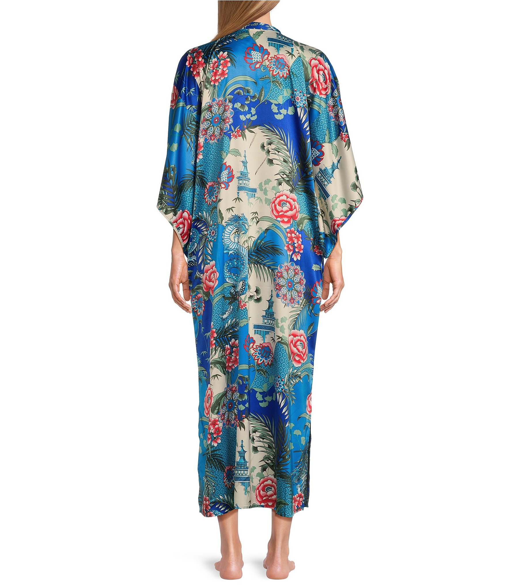 N by Natori Satin Allover Printed Split Round Neck Butterfly Caftan