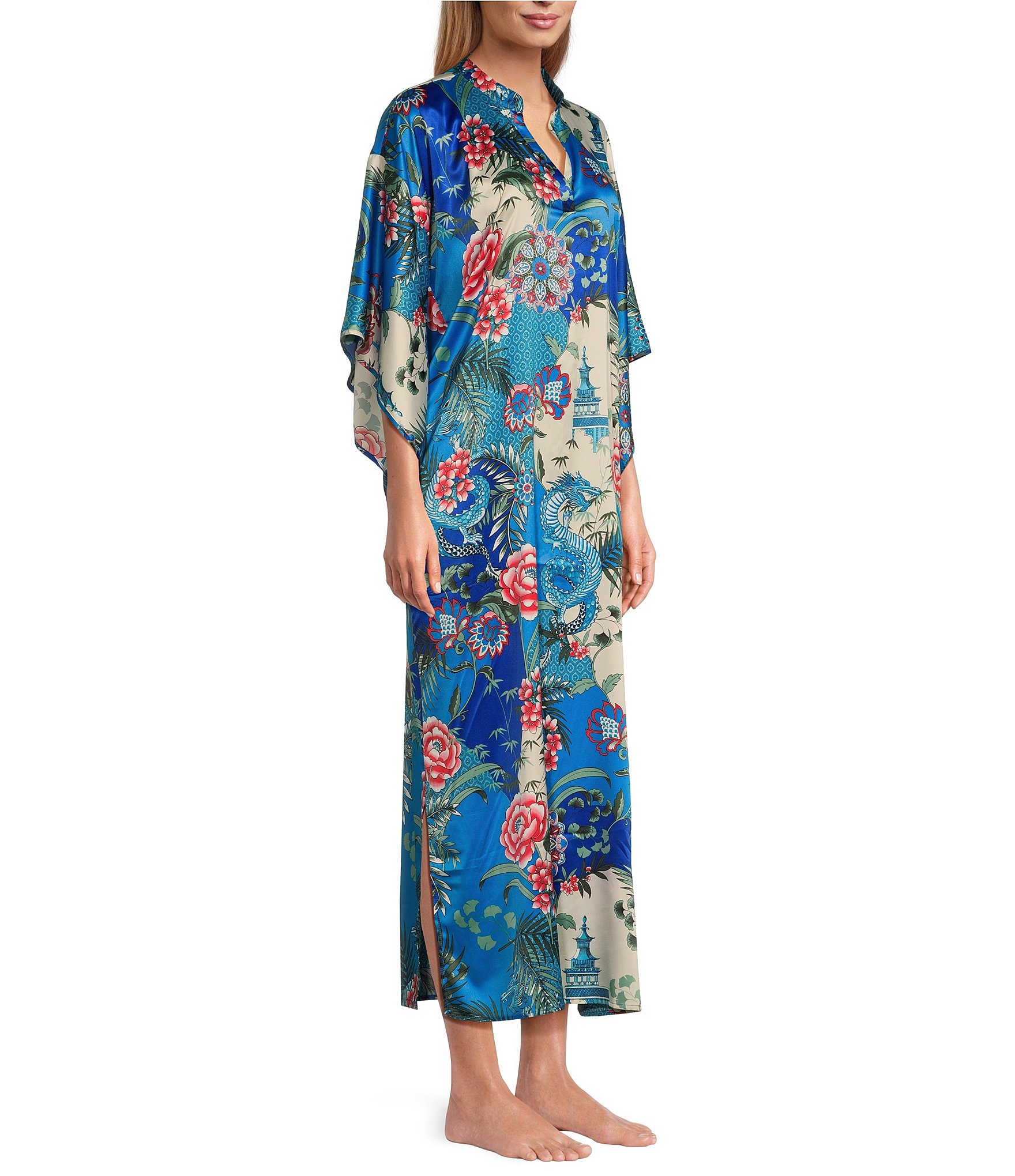 N by Natori Satin Allover Printed Split Round Neck Butterfly Caftan