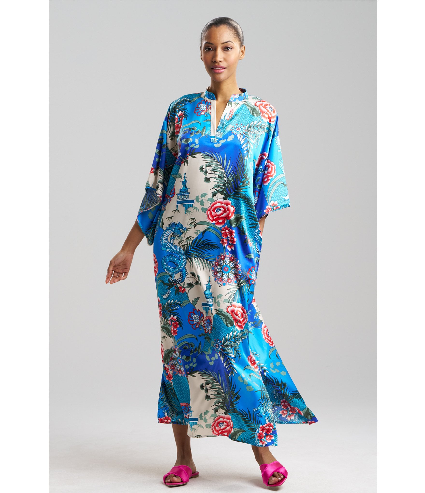 N by Natori Satin Allover Printed Split Round Neck Butterfly Caftan