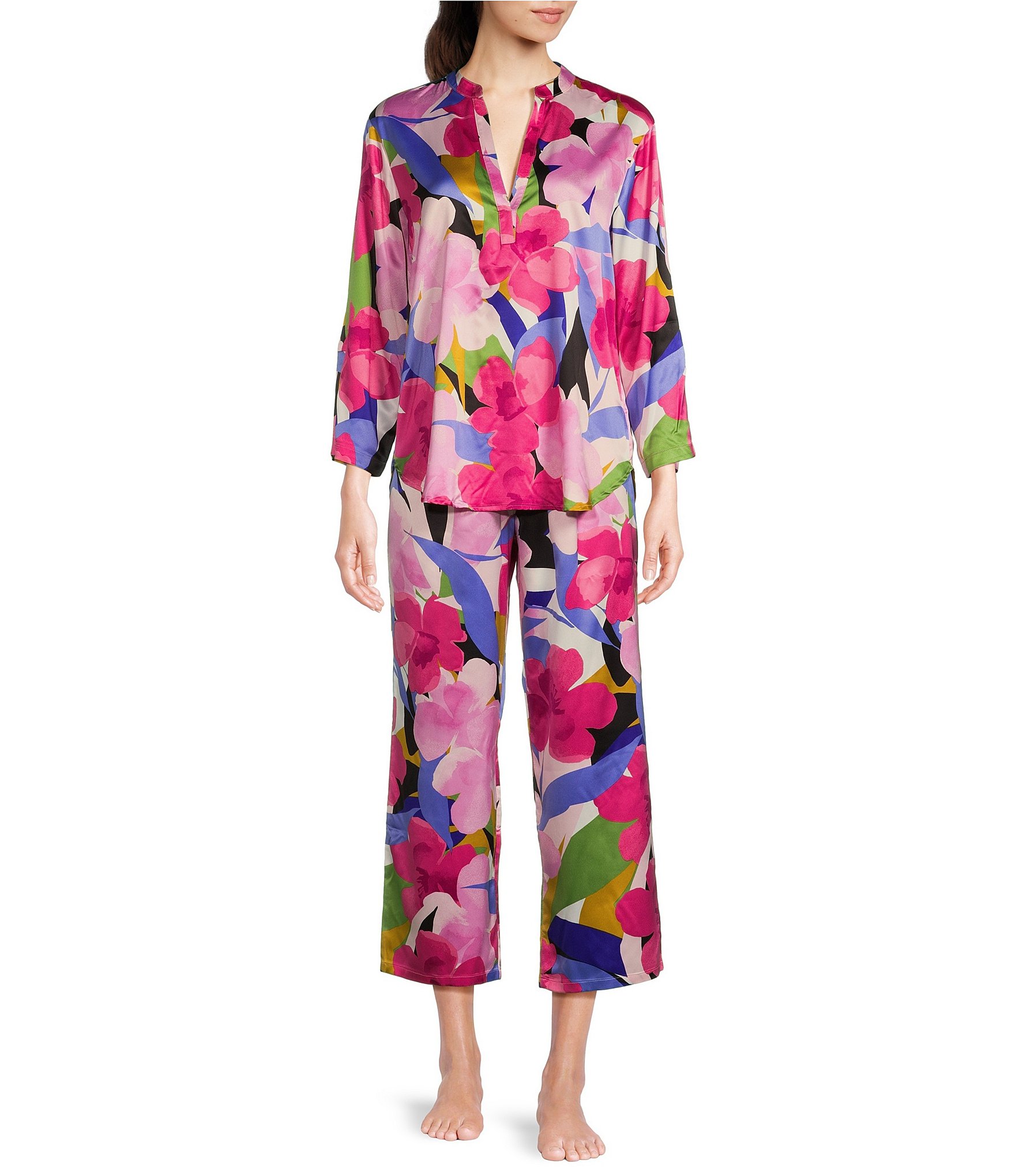 N by Natori Satin Floral 3/4 Sleeve Mandarin Collar Coordinating Pajama ...