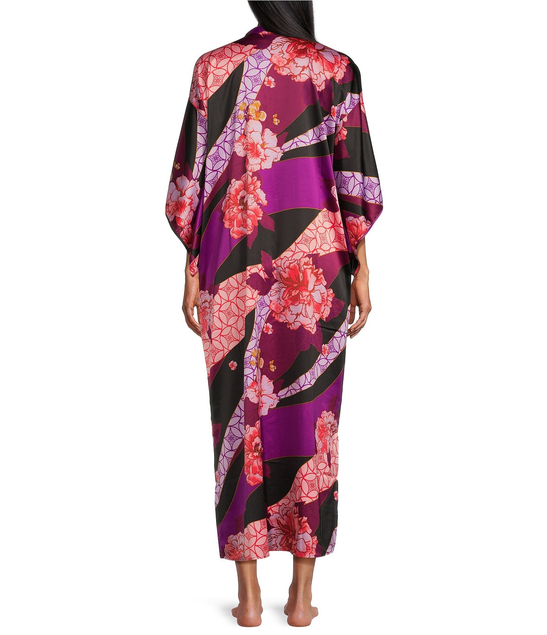 N by Natori Satin Floral Tapestry Mandarin Collar Butterfly Caftan