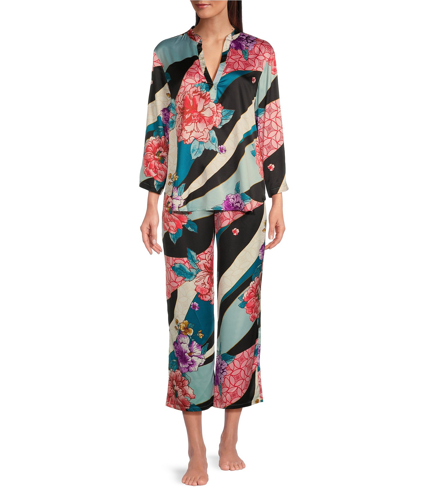 N by Natori Satin Floral Tapestry Print 3/4 Sleeve Coordinating Pajama Set