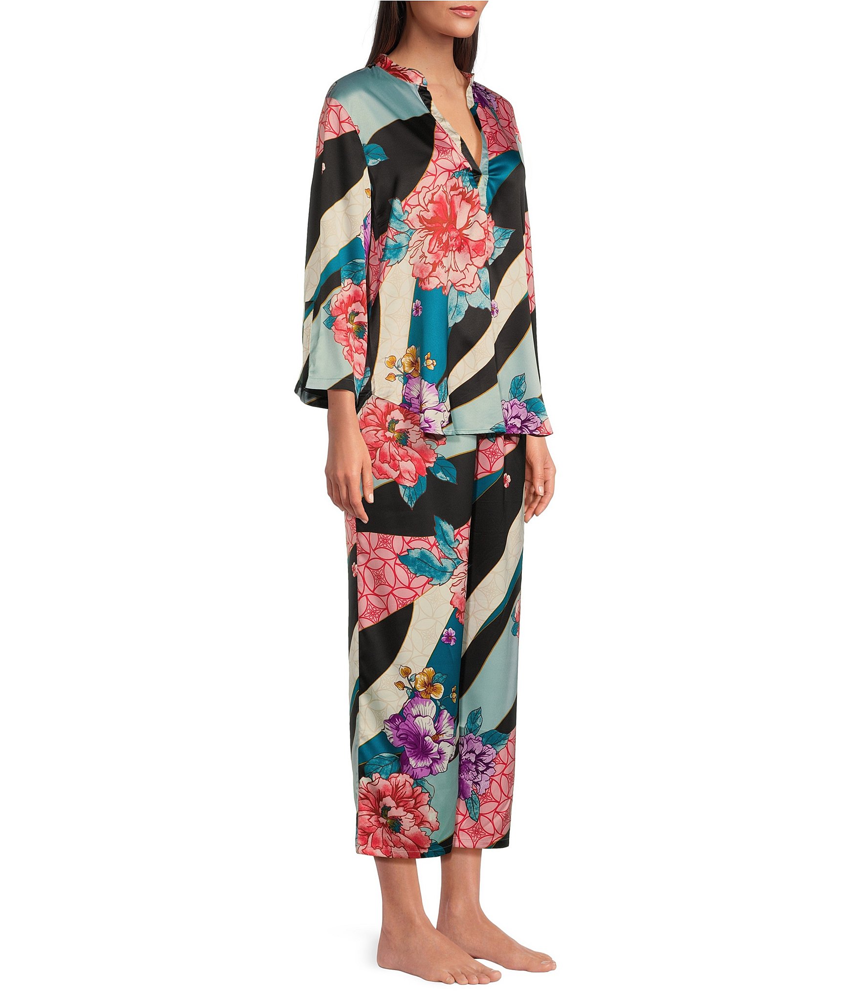 N by Natori Satin Floral Tapestry Print 3/4 Sleeve Coordinating Pajama Set