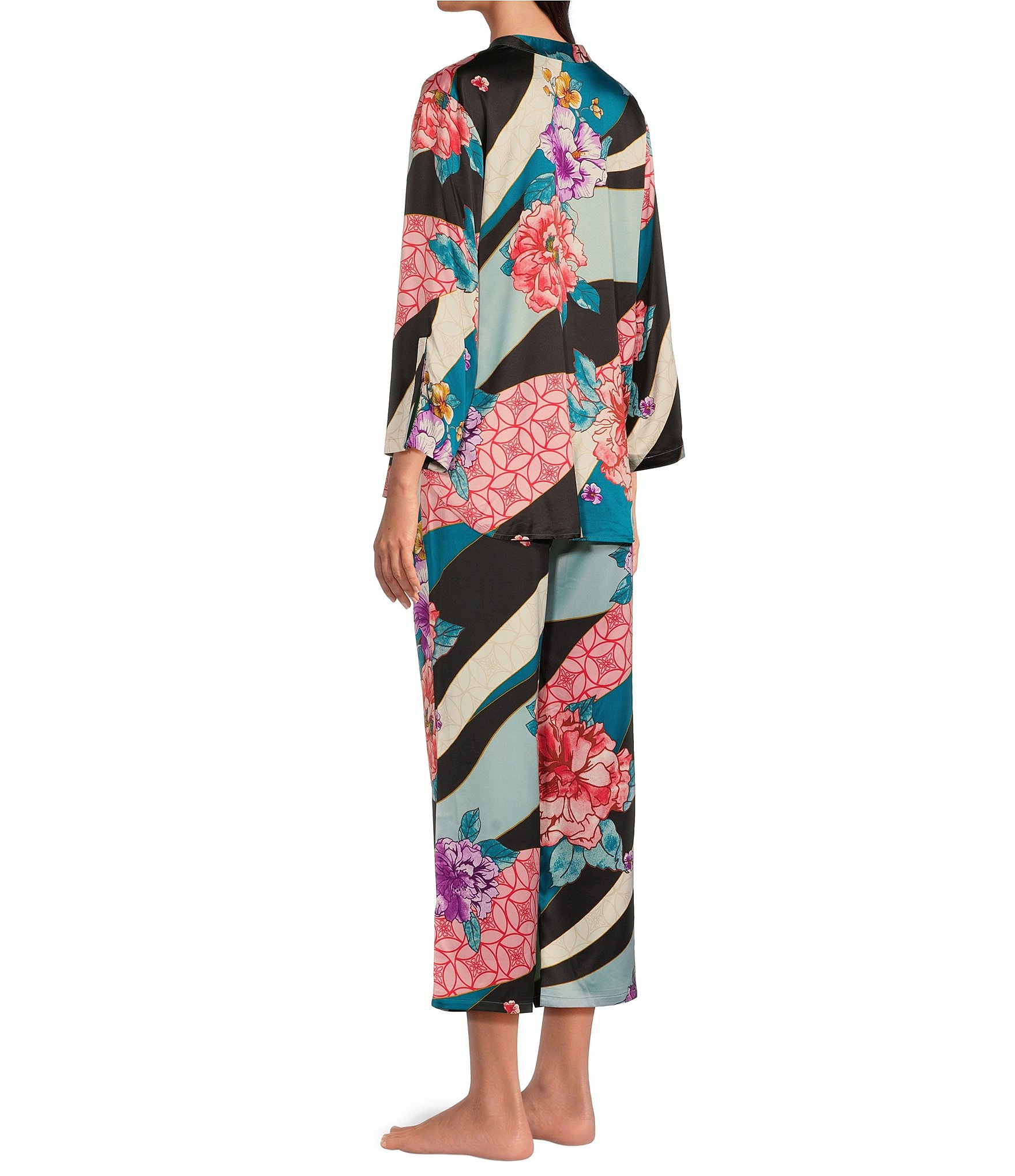 N by Natori Satin Floral Tapestry Print 3/4 Sleeve Coordinating Pajama Set